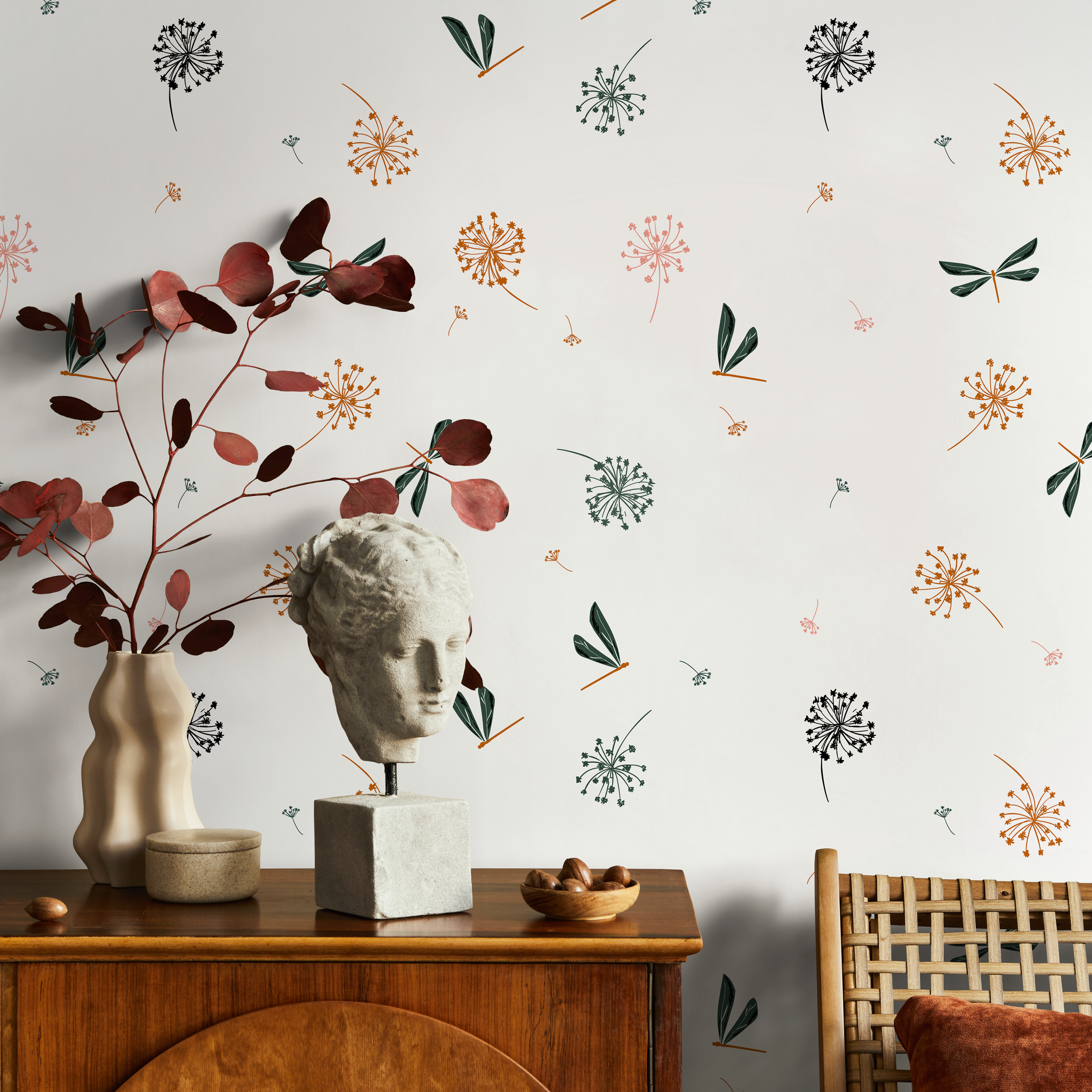 Botanical Wallpaper With Dandelions And Dragonflies In Green, Orange, And Pink - B975