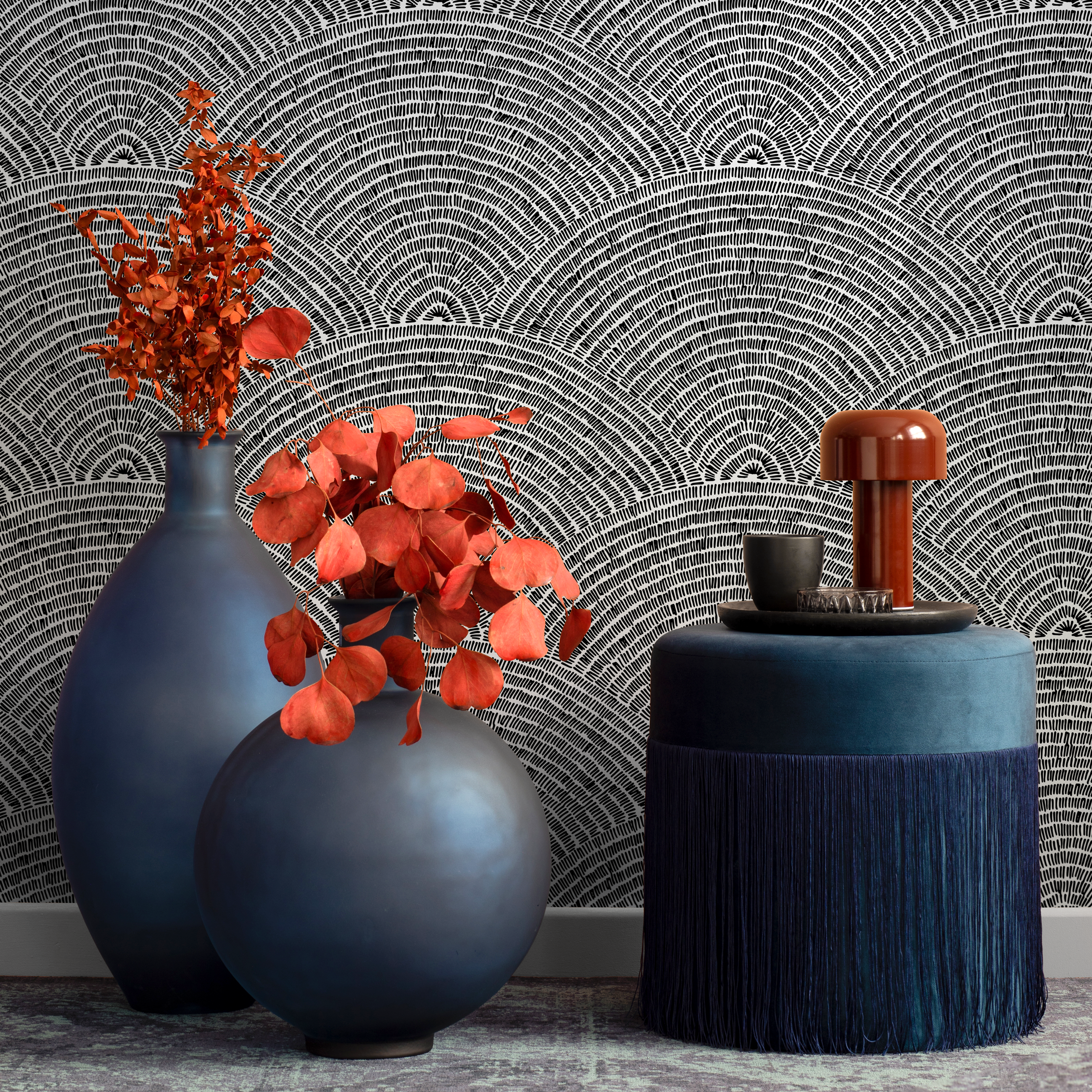 Geometric Wallpaper With A Scalloped Arch Motif In Black And White - B976