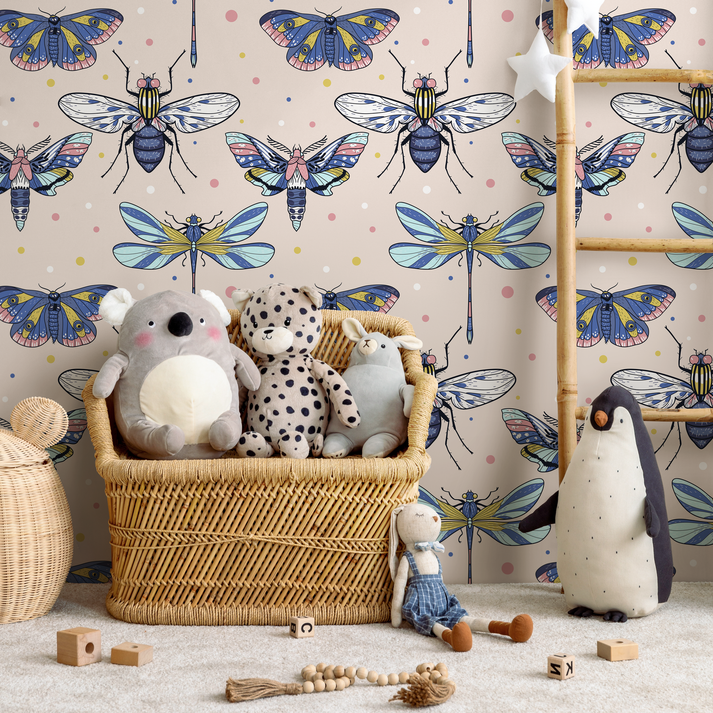 Insect Wallpaper Featuring Moths And Dragonflies In Blue, Pink, And Yellow - B978