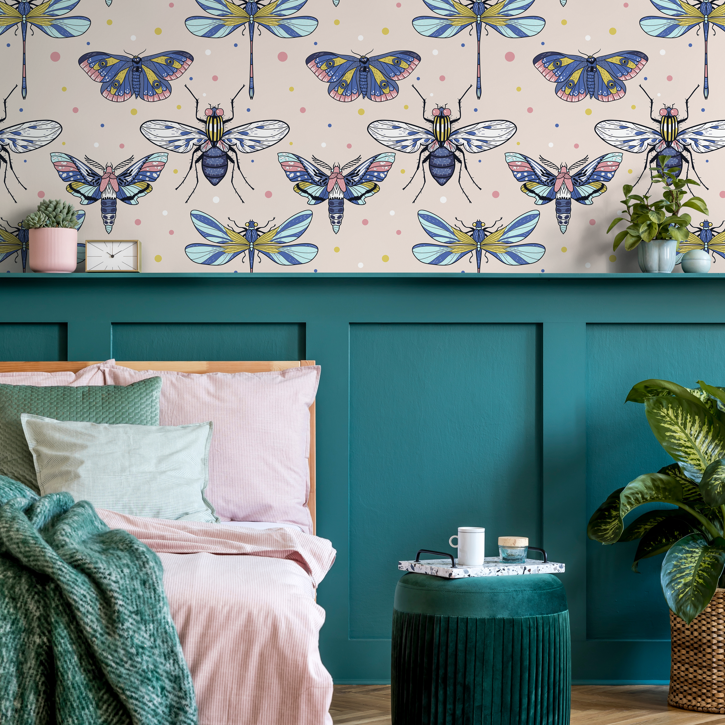 Insect Wallpaper Featuring Moths And Dragonflies In Blue, Pink, And Yellow - B978