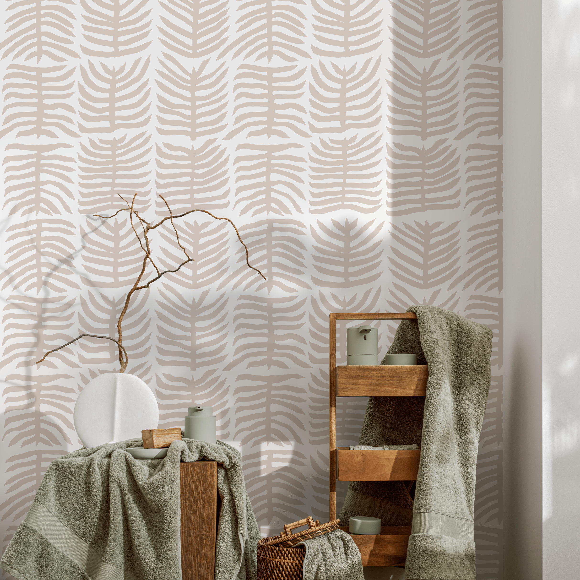 Botanical Wallpaper With A Stylized Leaf Motif In Beige - B980
