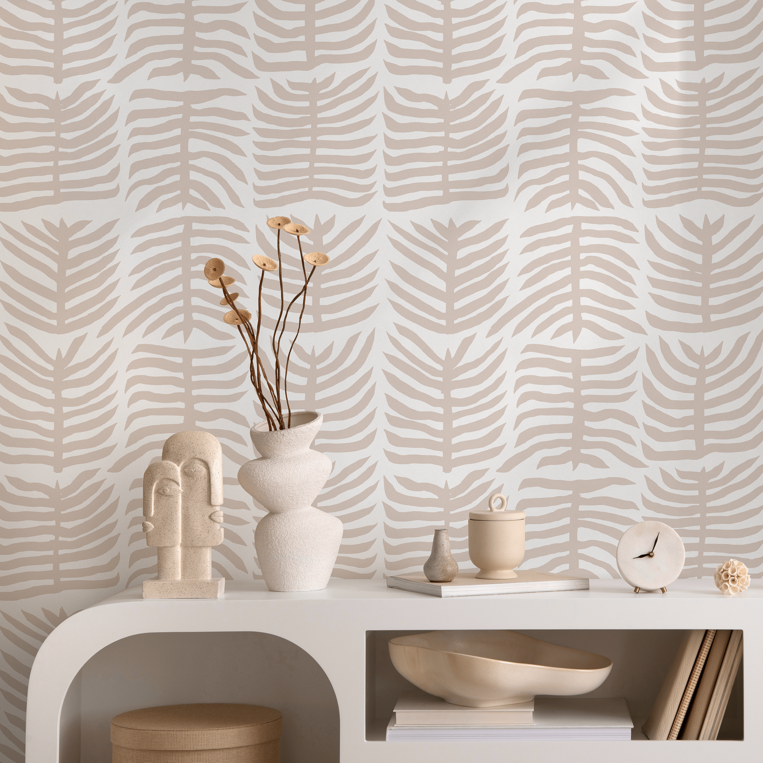 Botanical Wallpaper With A Stylized Leaf Motif In Beige - B980