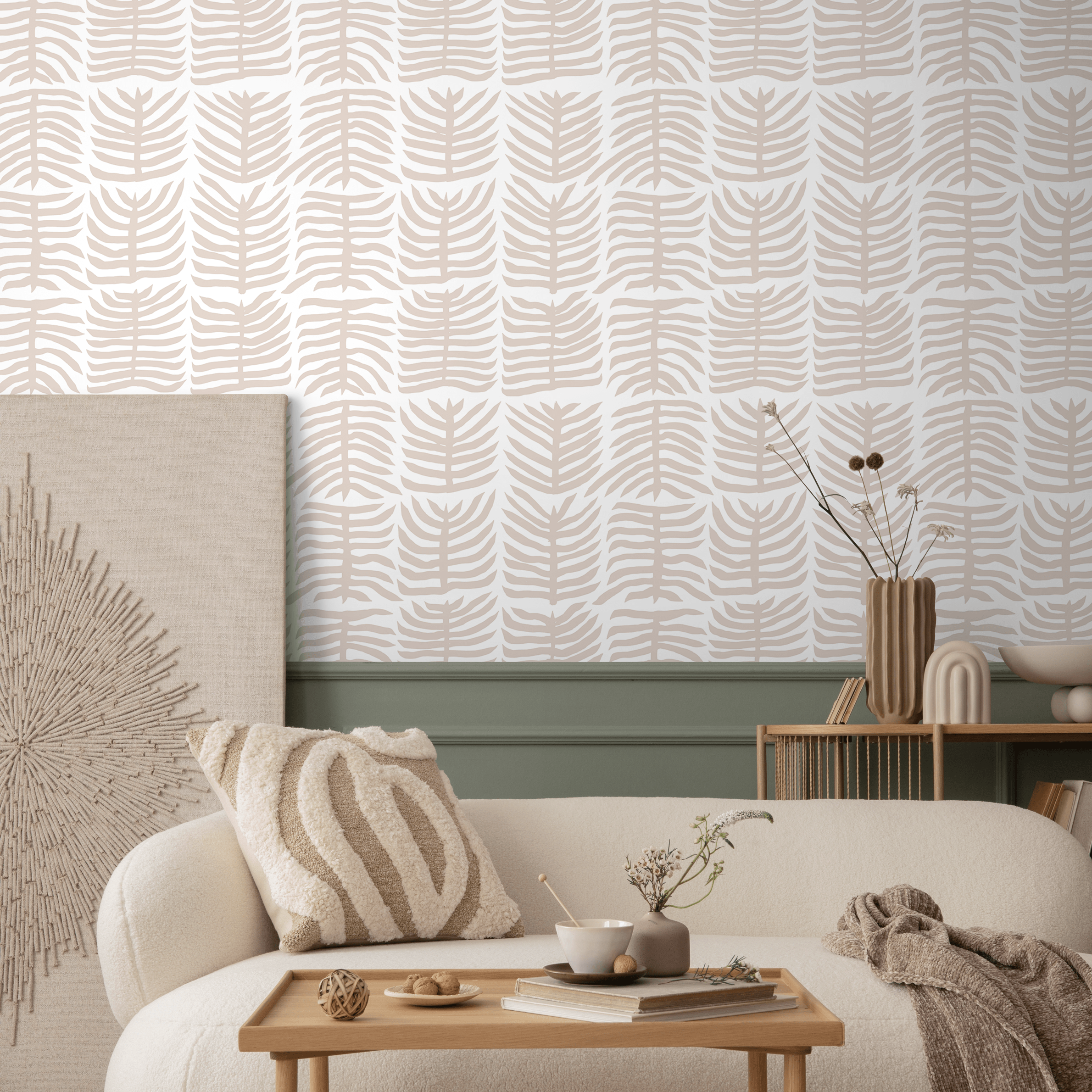 Botanical Wallpaper With A Stylized Leaf Motif In Beige - B980