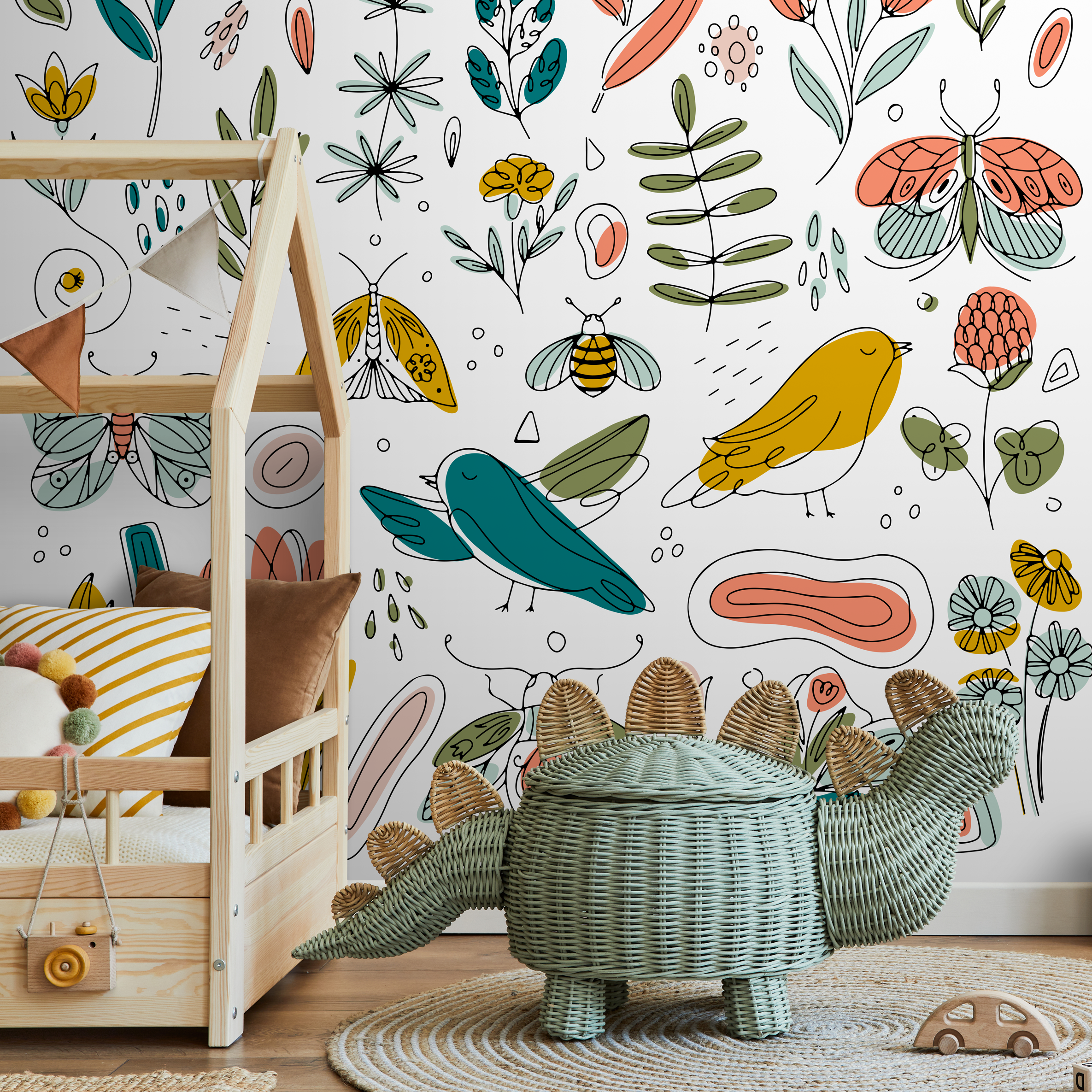 Illustrative Wallpaper With Whimsical Flora And Fauna In Yellow, Teal, And Pink - B982