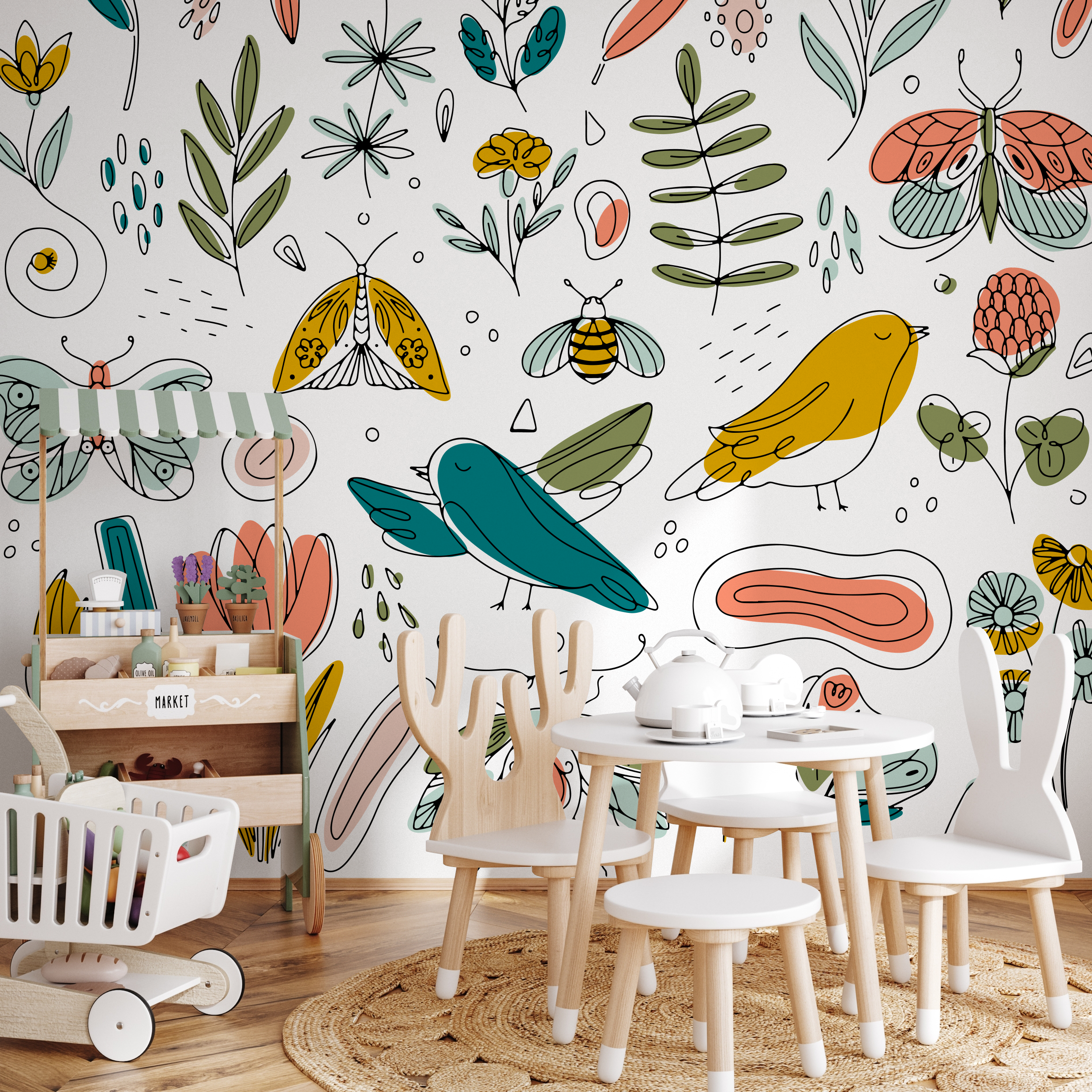 Illustrative Wallpaper With Whimsical Flora And Fauna In Yellow, Teal, And Pink - B982