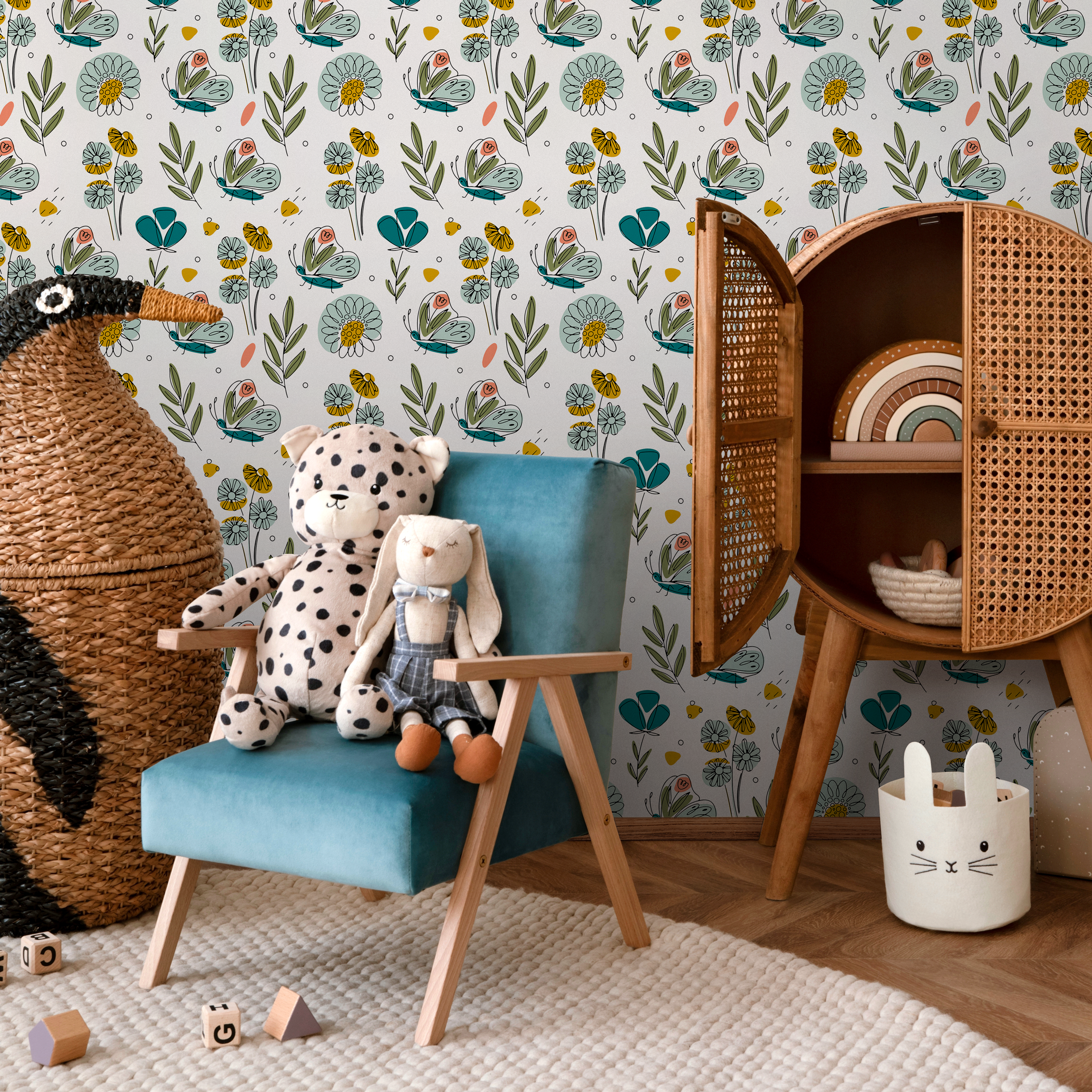 Botanical Wallpaper With Whimsical Butterflies And Flowers In Teal, Yellow, And Green - B984