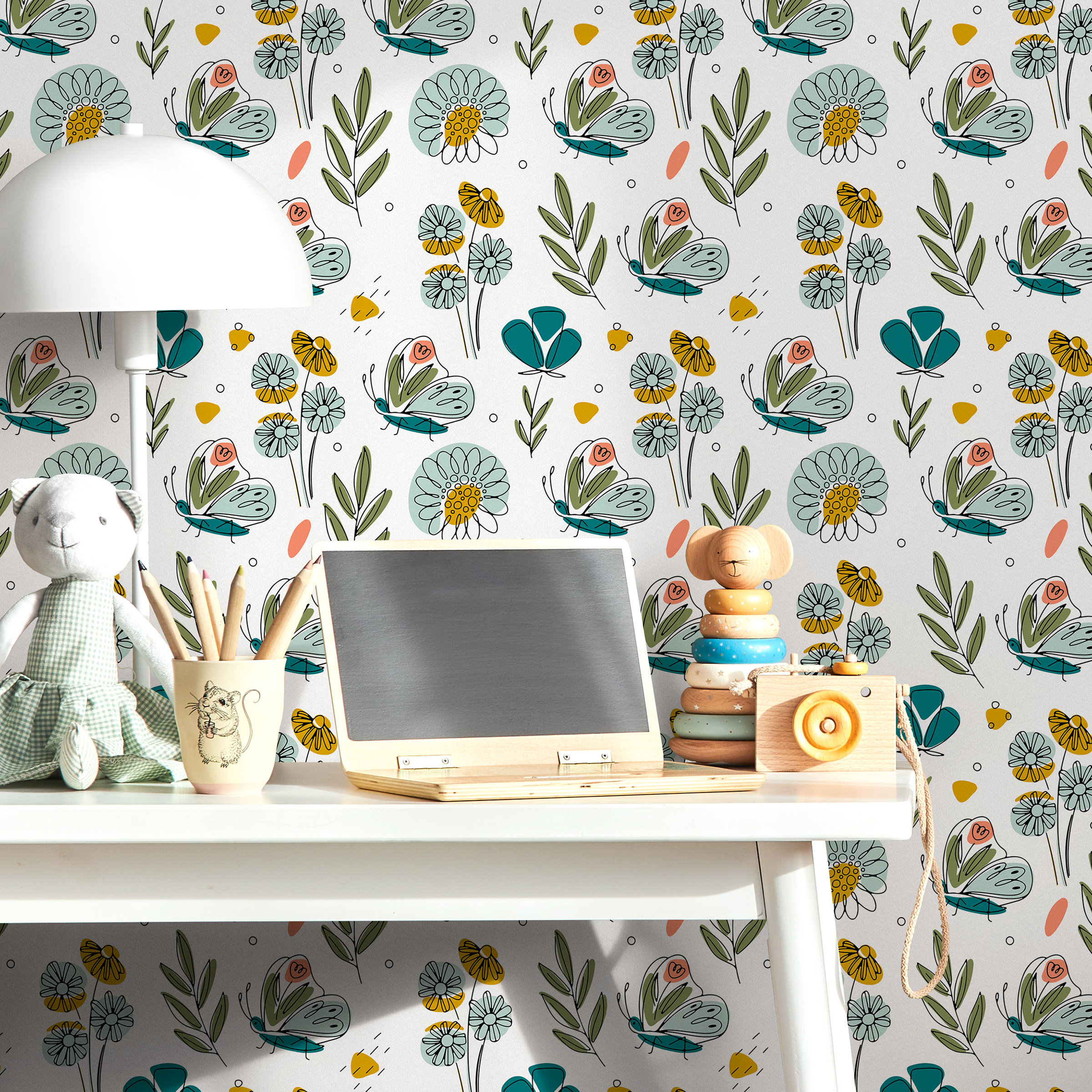 Botanical Wallpaper With Whimsical Butterflies And Flowers In Teal, Yellow, And Green - B984
