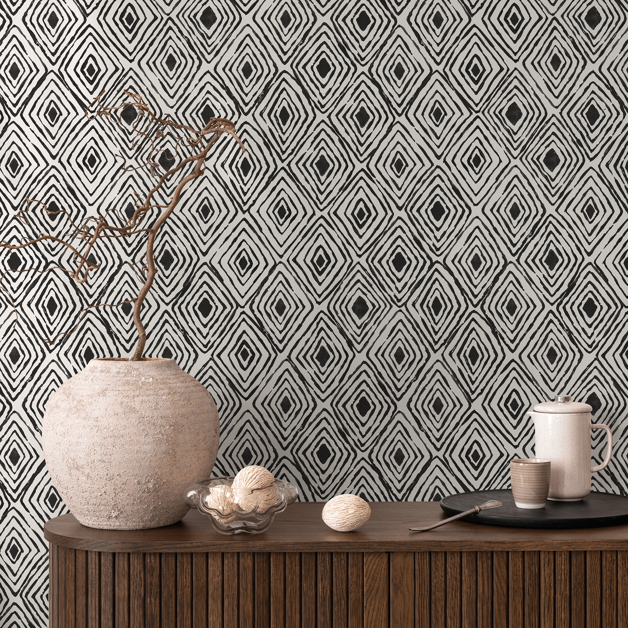 Geometric Wallpaper With A Tribal Diamond Motif In Black And White - B985