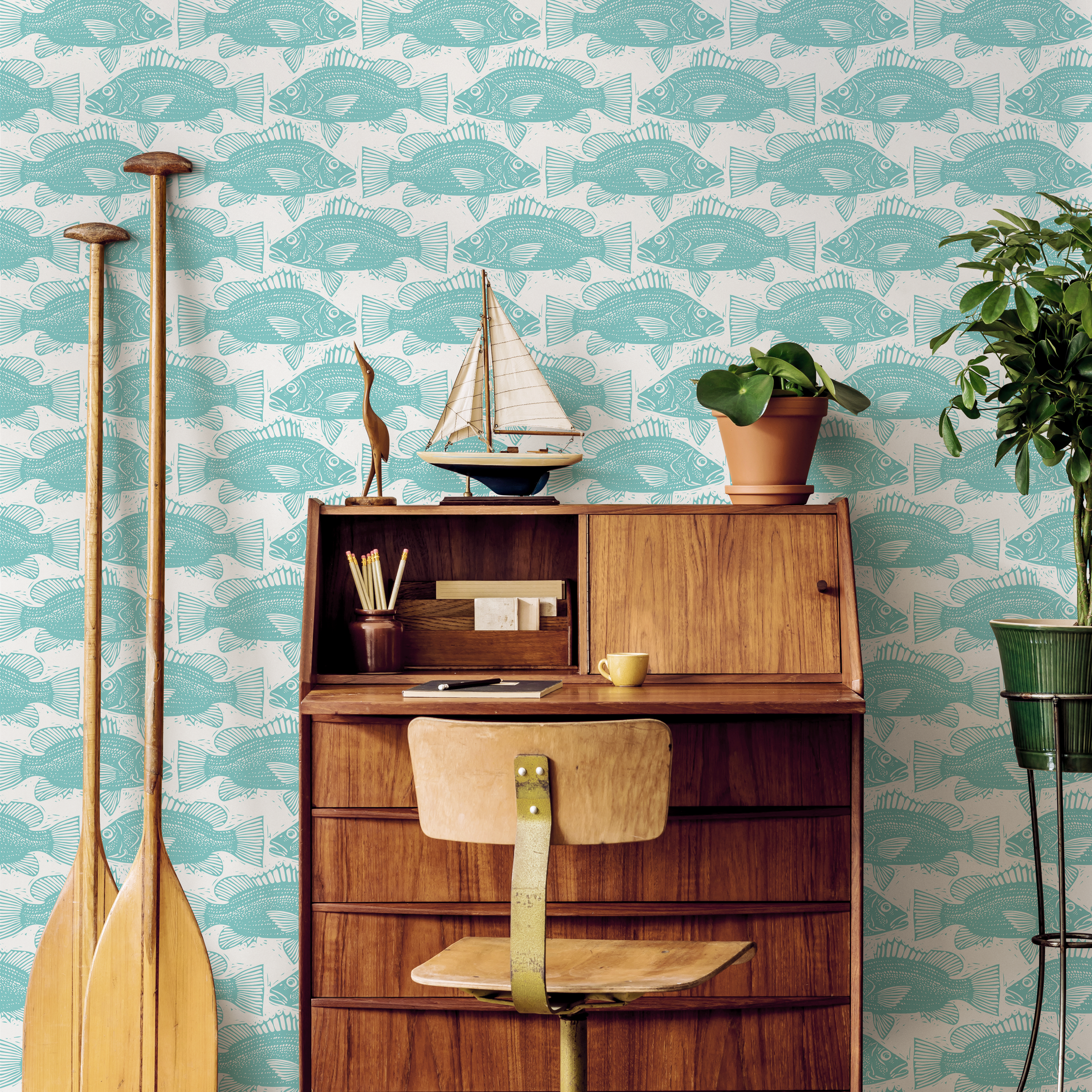 Coastal Wallpaper With A Block Print Fish Motif In Teal - B986