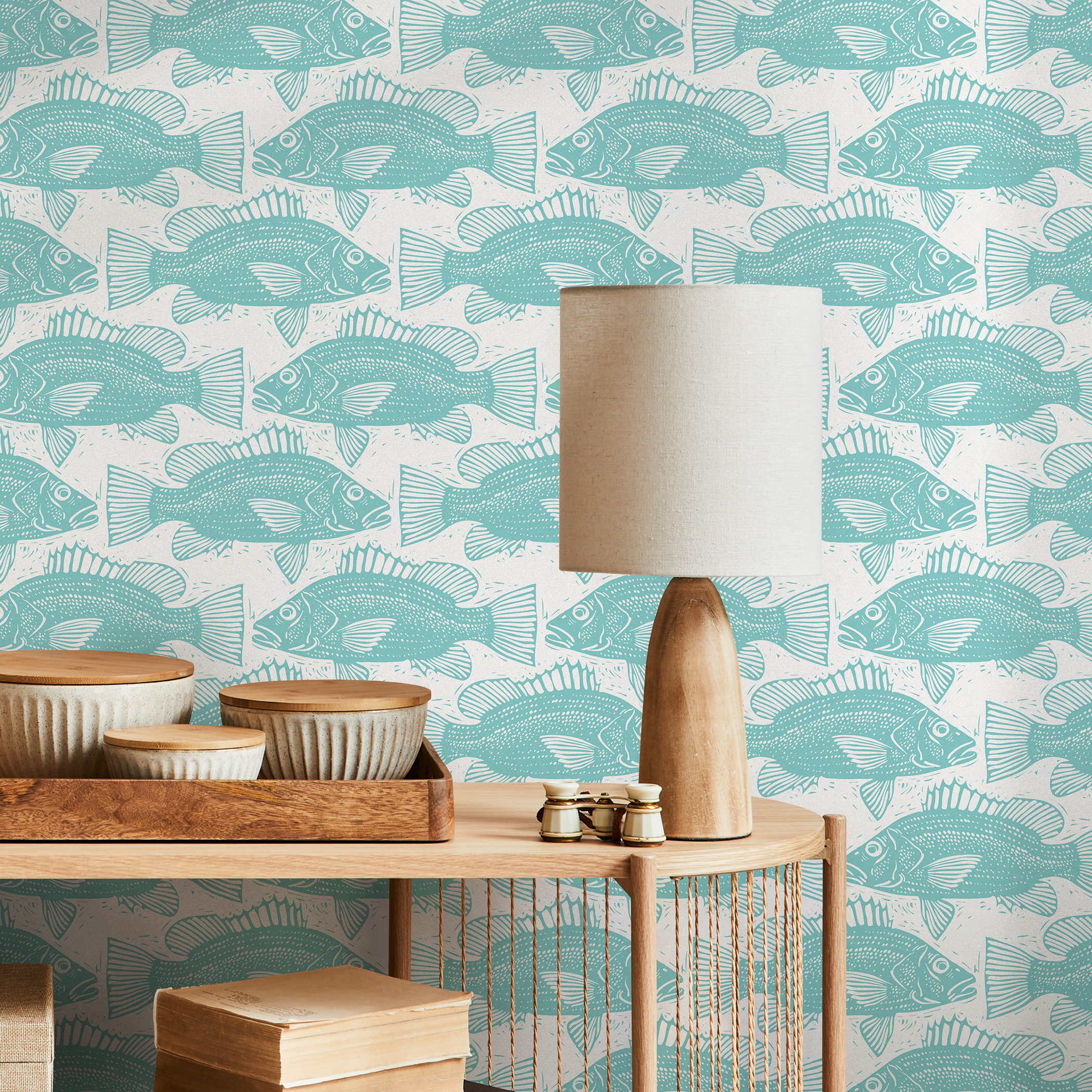 Coastal Wallpaper With A Block Print Fish Motif In Teal - B986