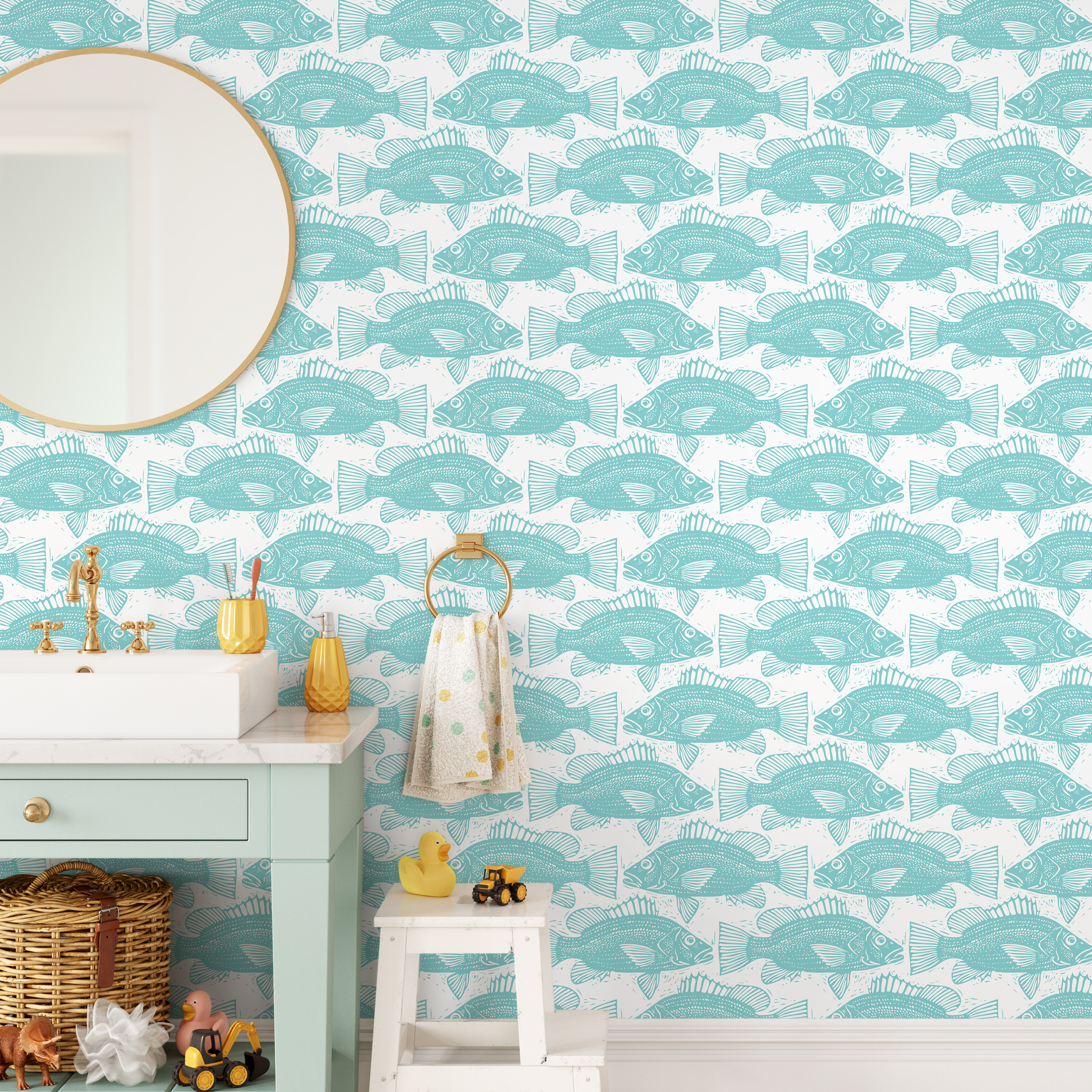 Coastal Wallpaper With A Block Print Fish Motif In Teal - B986