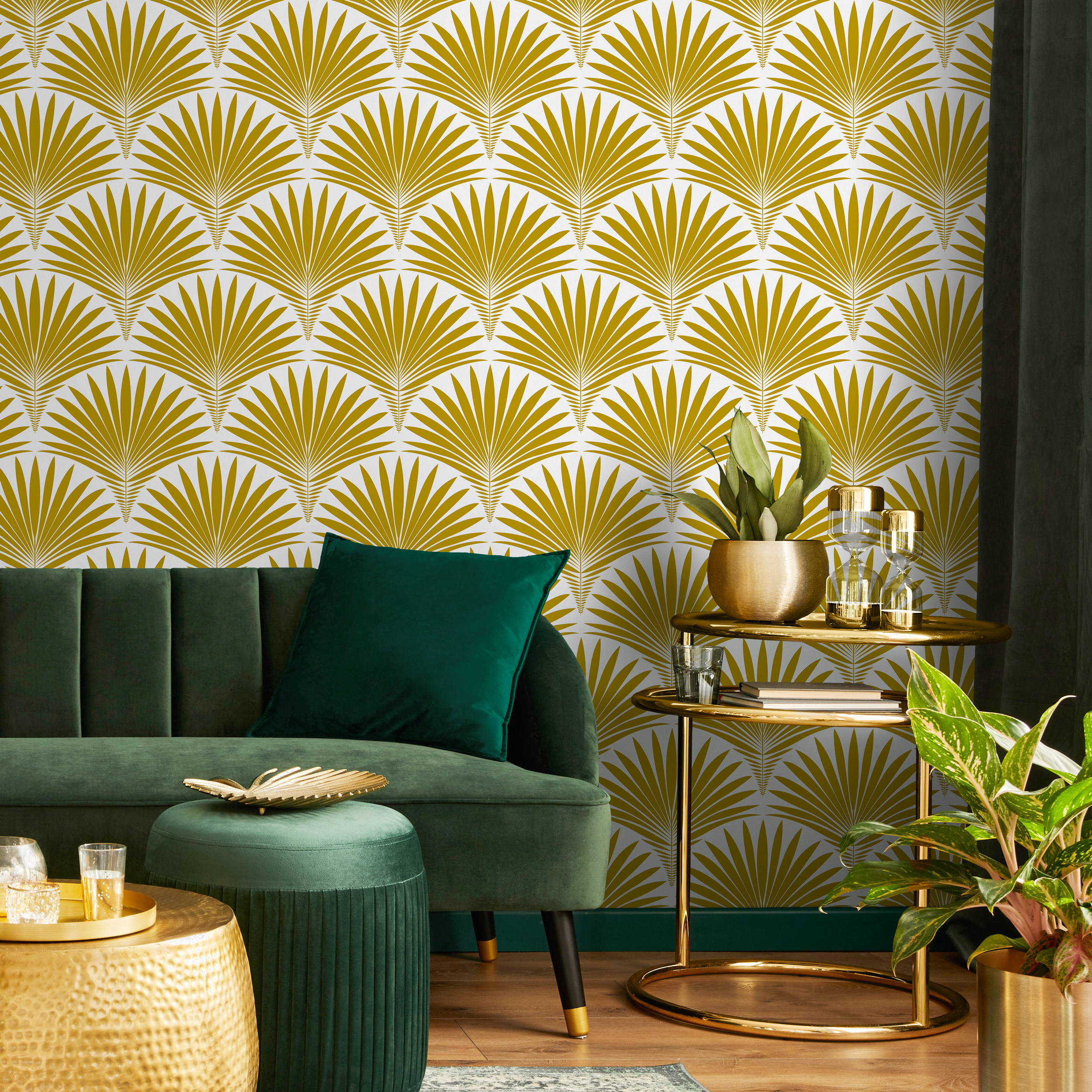 Art Deco Wallpaper With A Stylized Palm Frond Motif In Mustard Yellow - B987