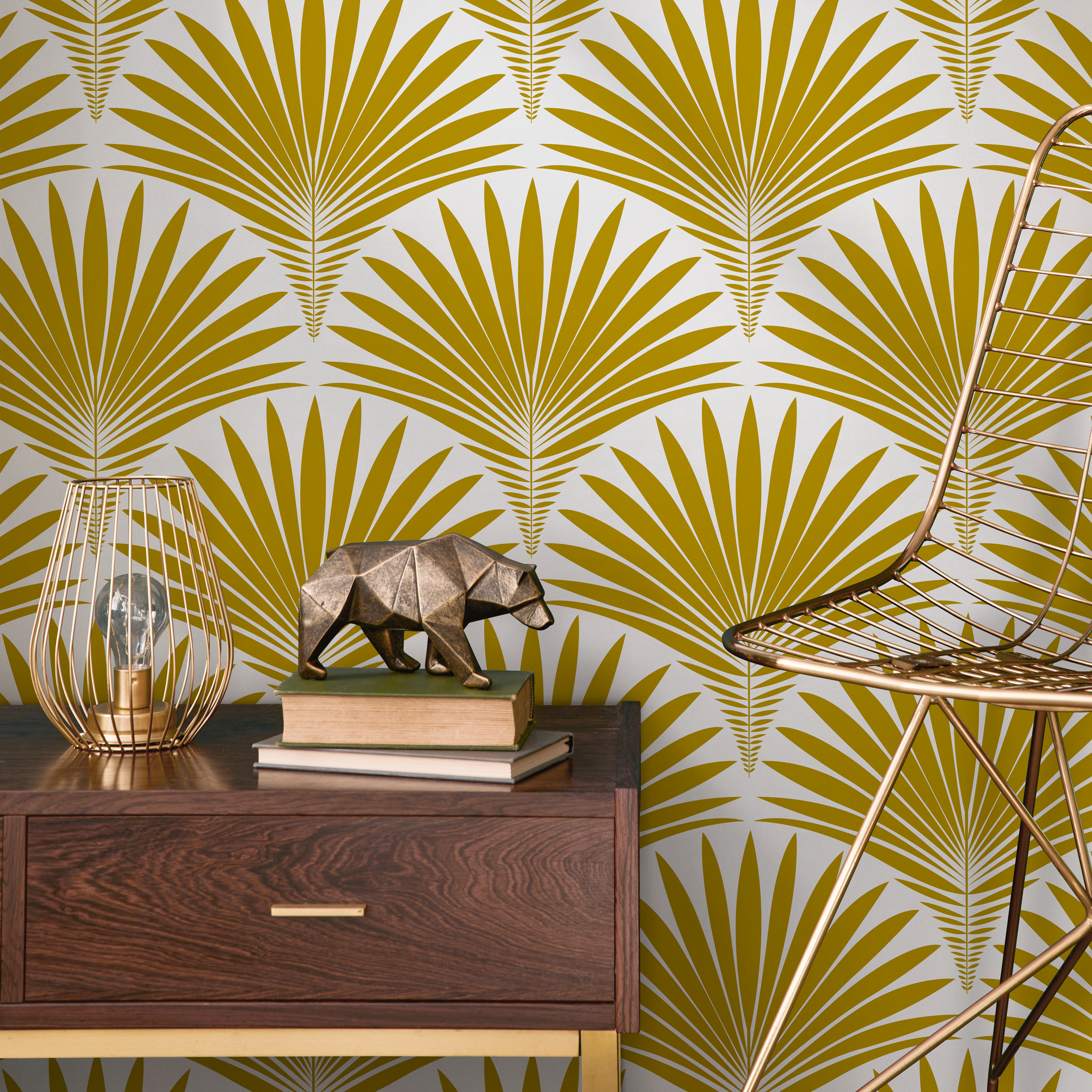 Art Deco Wallpaper With A Stylized Palm Frond Motif In Mustard Yellow - B987