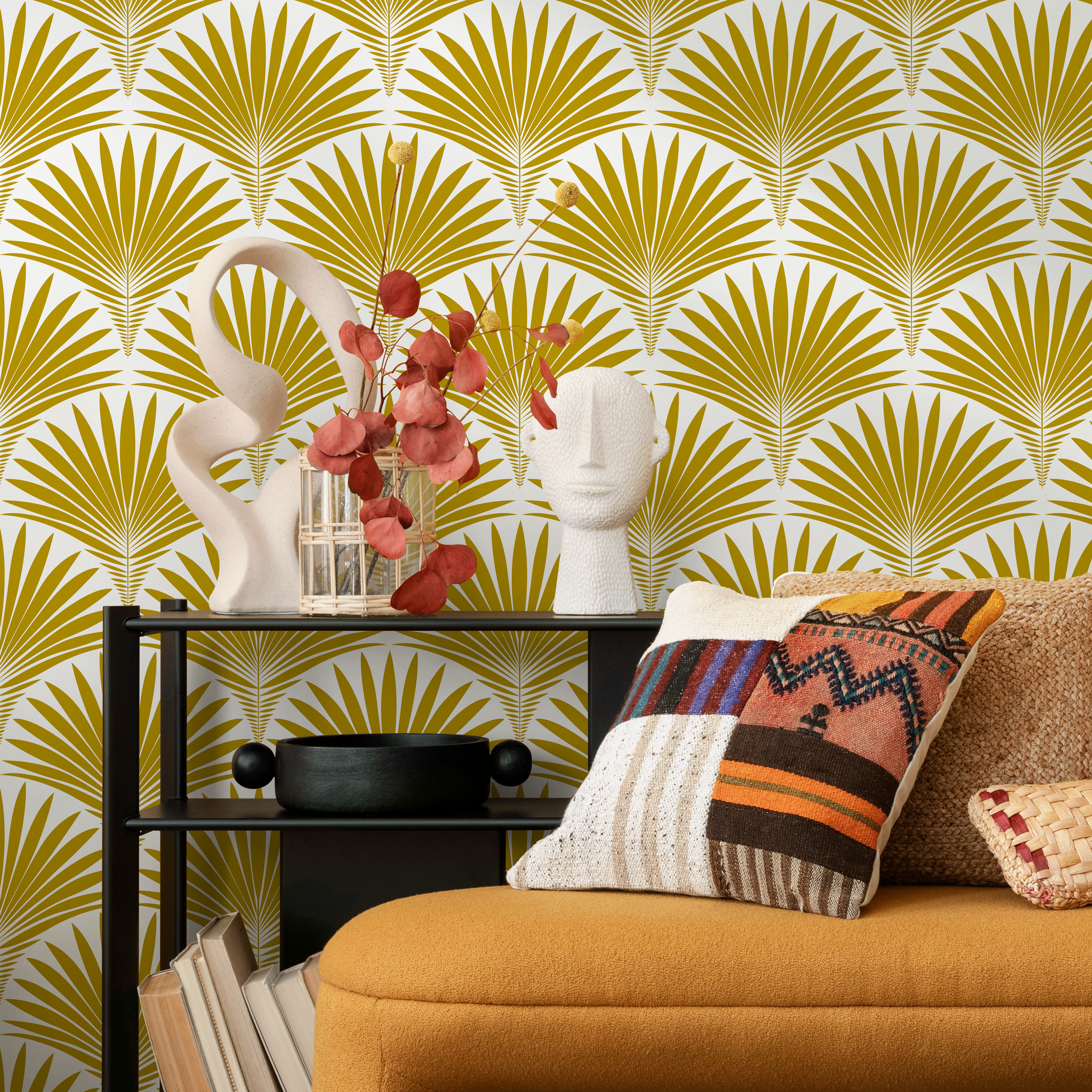 Art Deco Wallpaper With A Stylized Palm Frond Motif In Mustard Yellow - B987