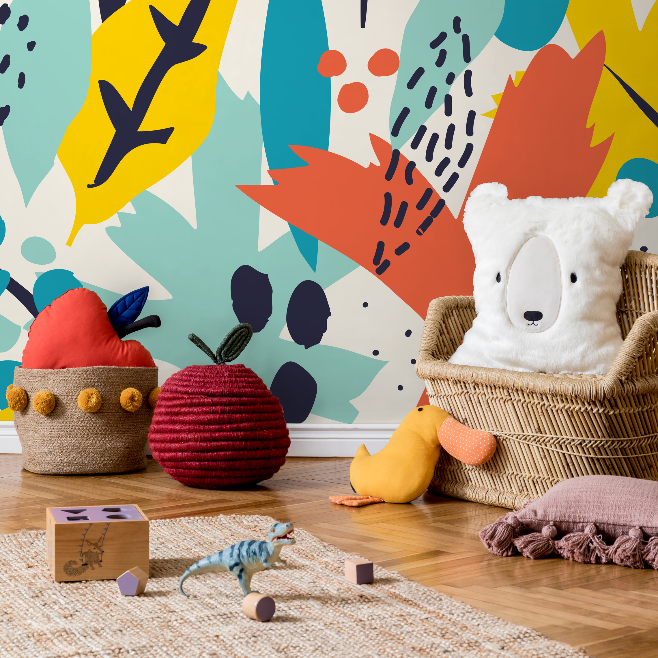 Abstract Wallpaper With A Bold Collage Motif In Yellow, Teal, And Orange - B990