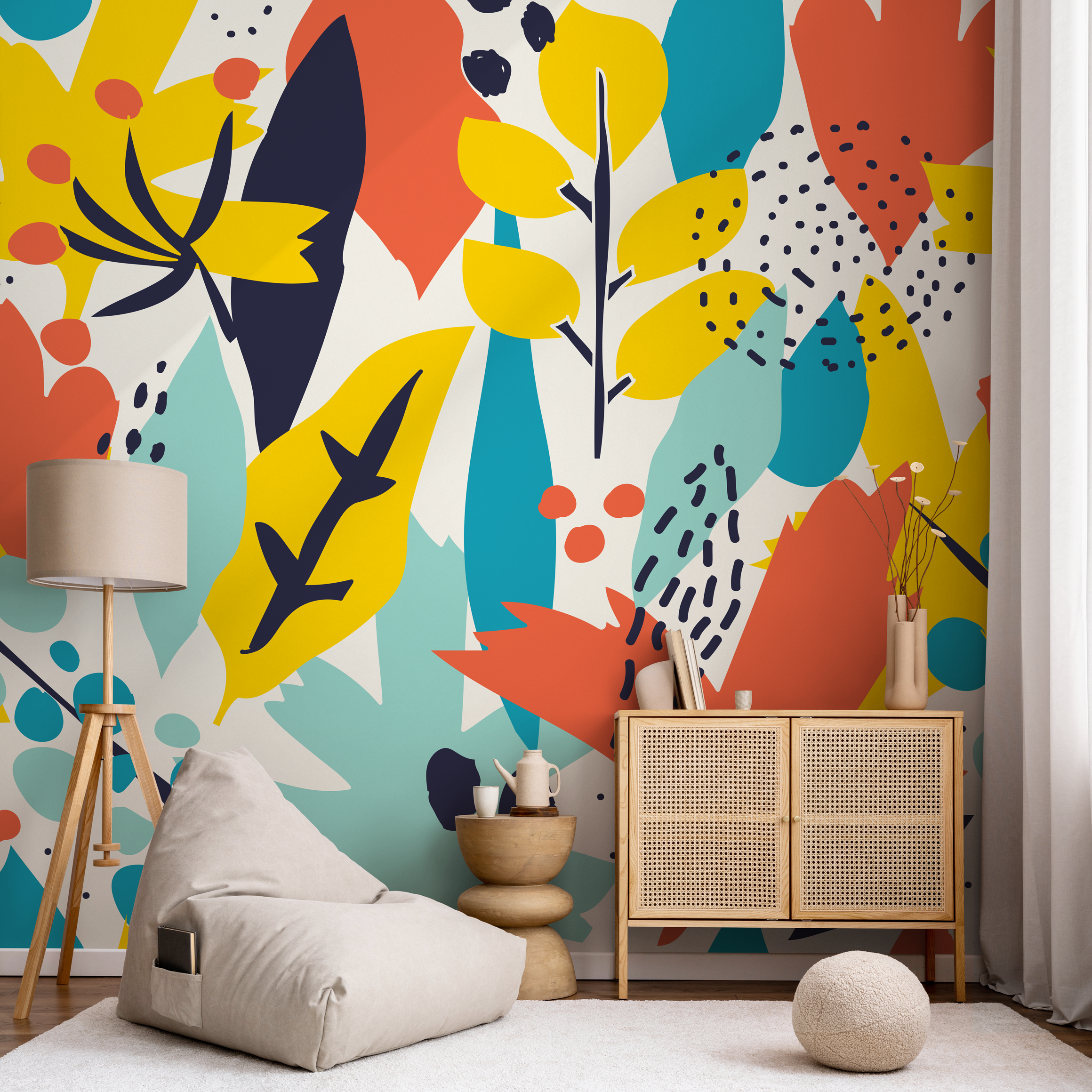 Abstract Wallpaper With A Bold Collage Motif In Yellow, Teal, And Orange - B990