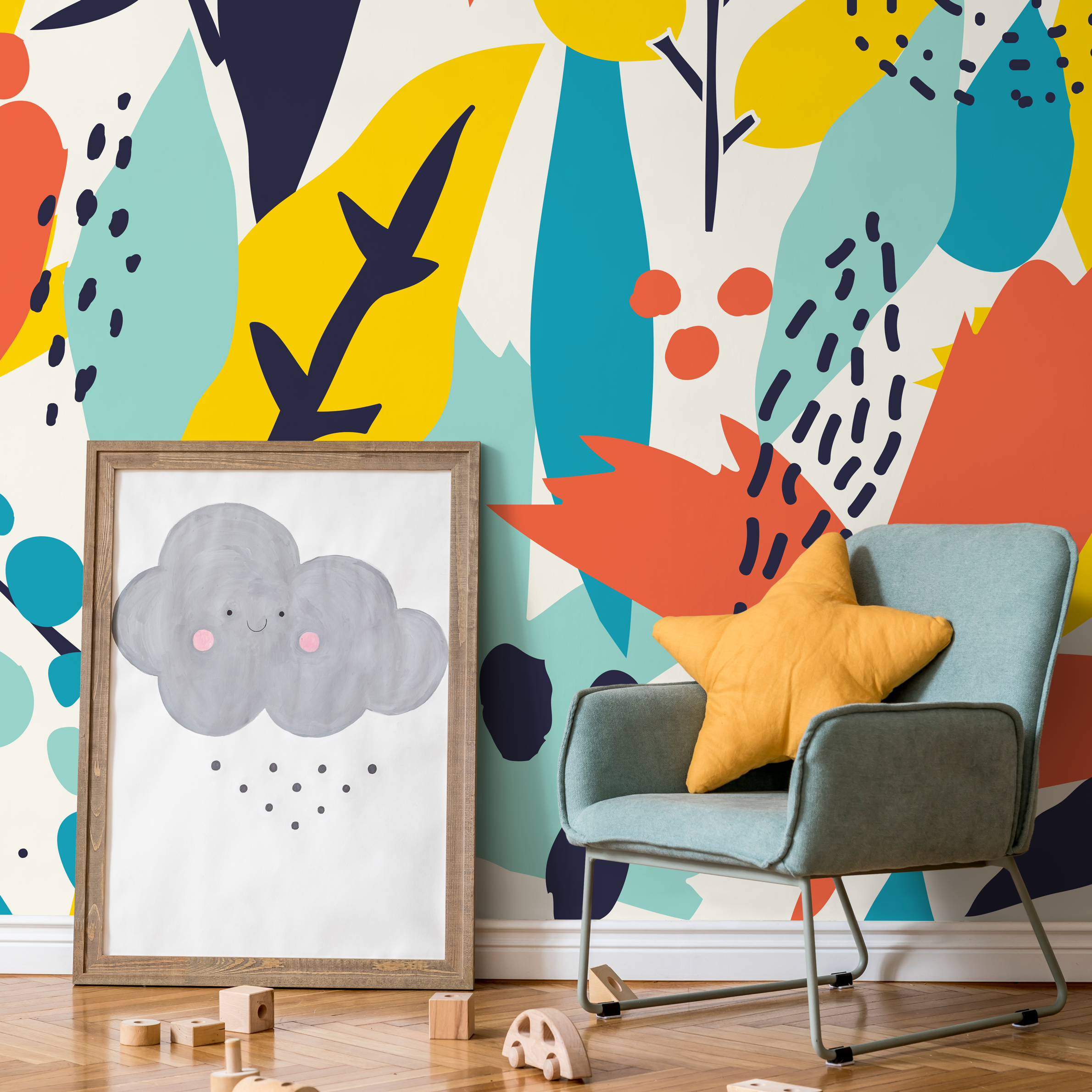 Abstract Wallpaper With A Bold Collage Motif In Yellow, Teal, And Orange - B990
