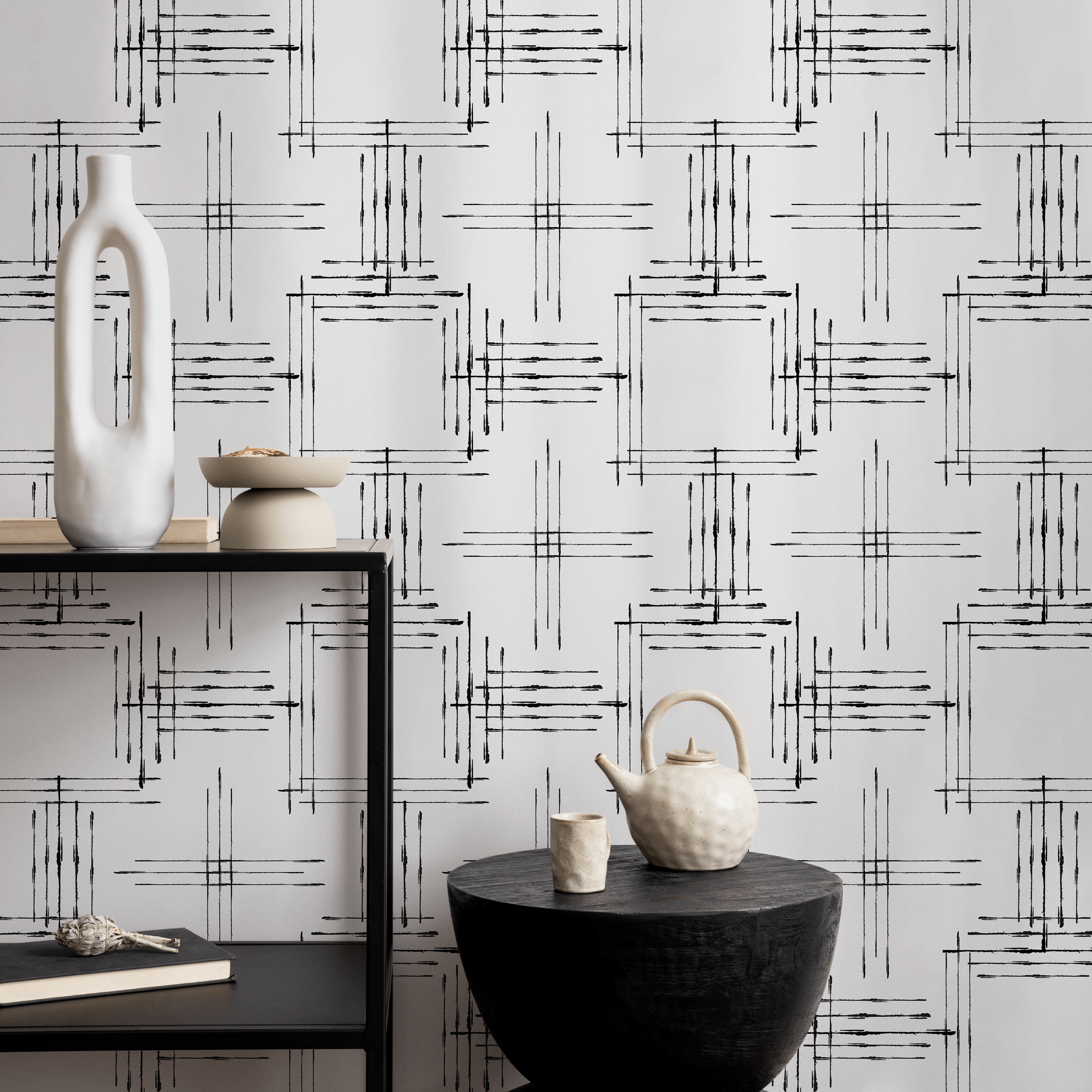 Geometric Wallpaper With A Sketched Grid Motif In Black And White - B992