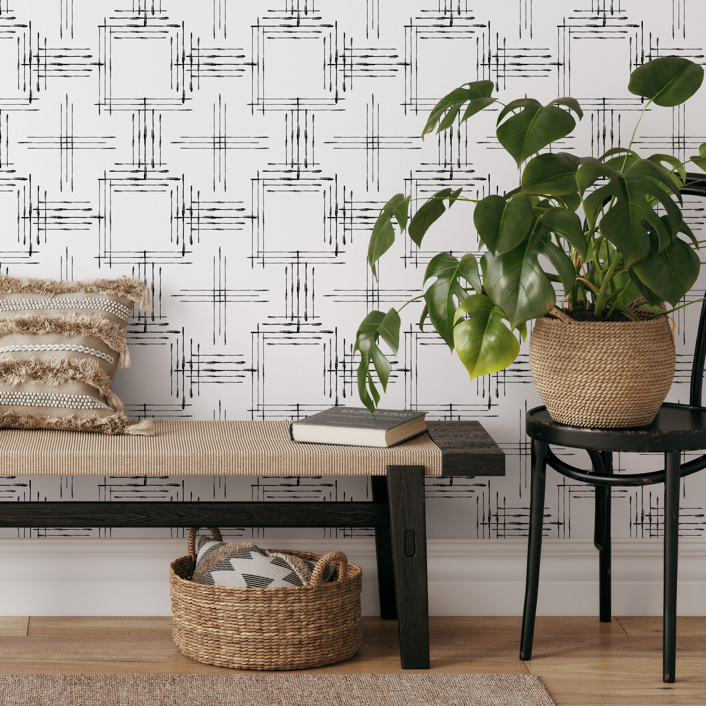 Geometric Wallpaper With A Sketched Grid Motif In Black And White - B992