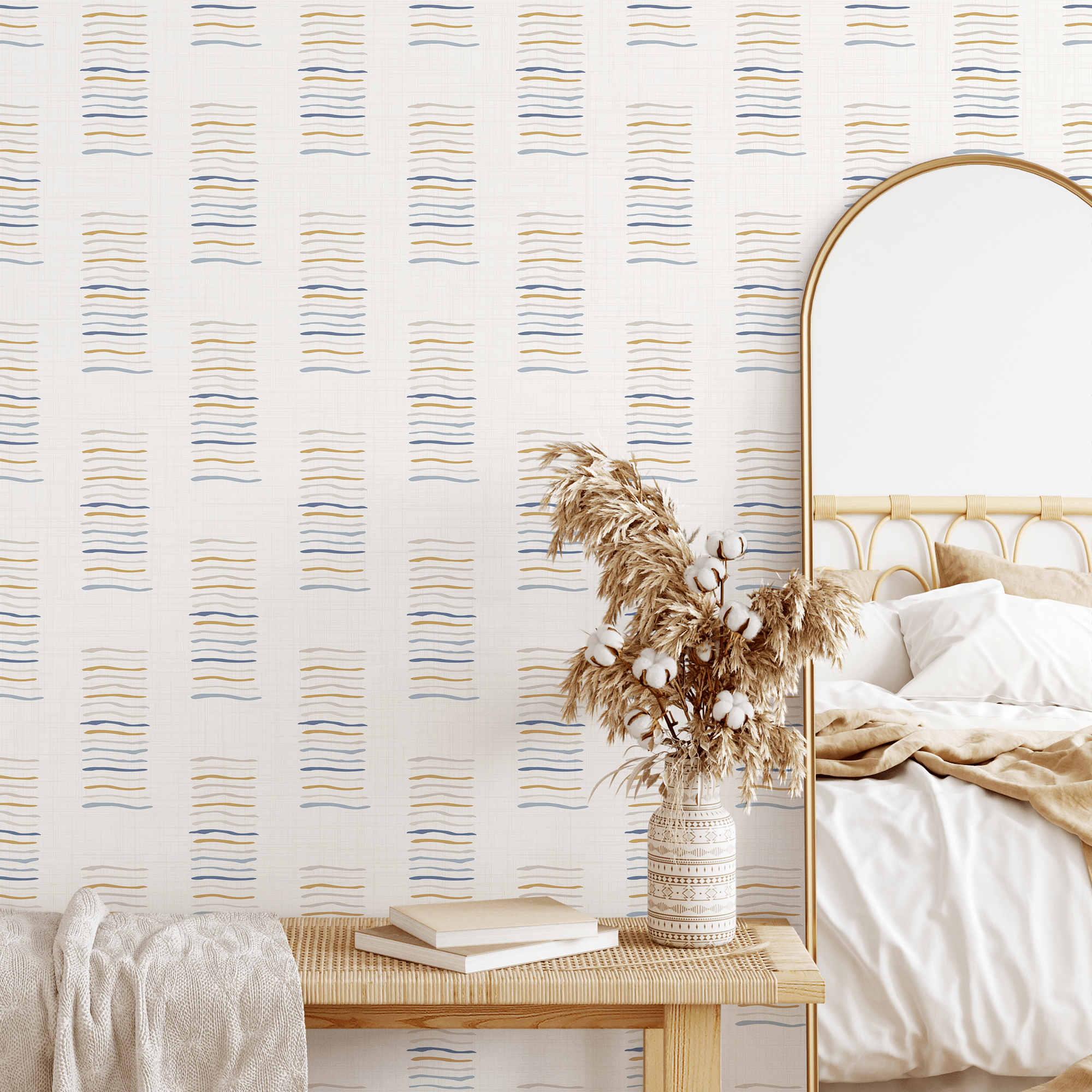 Scandinavian Wallpaper With Wavy Line Blocks In Blue, Gold, And Grey - B993