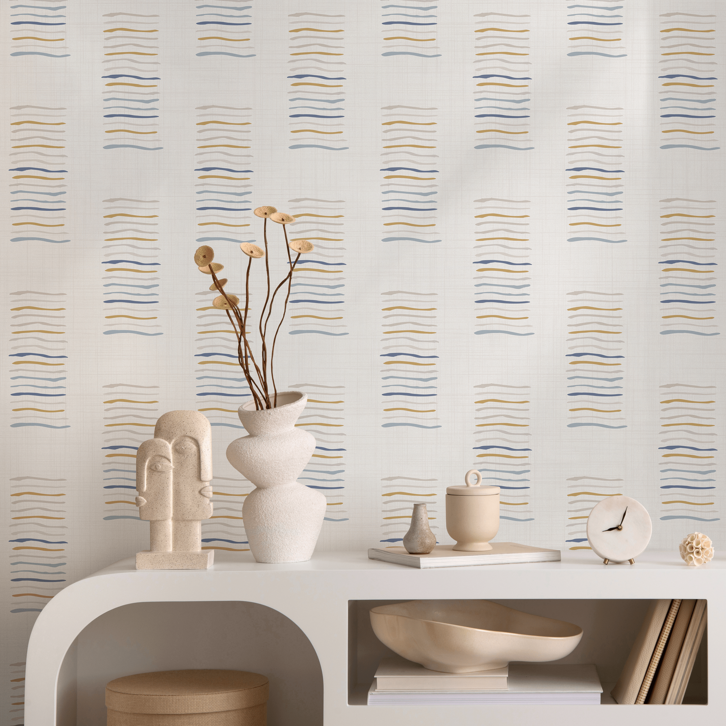 Scandinavian Wallpaper With Wavy Line Blocks In Blue, Gold, And Grey - B993