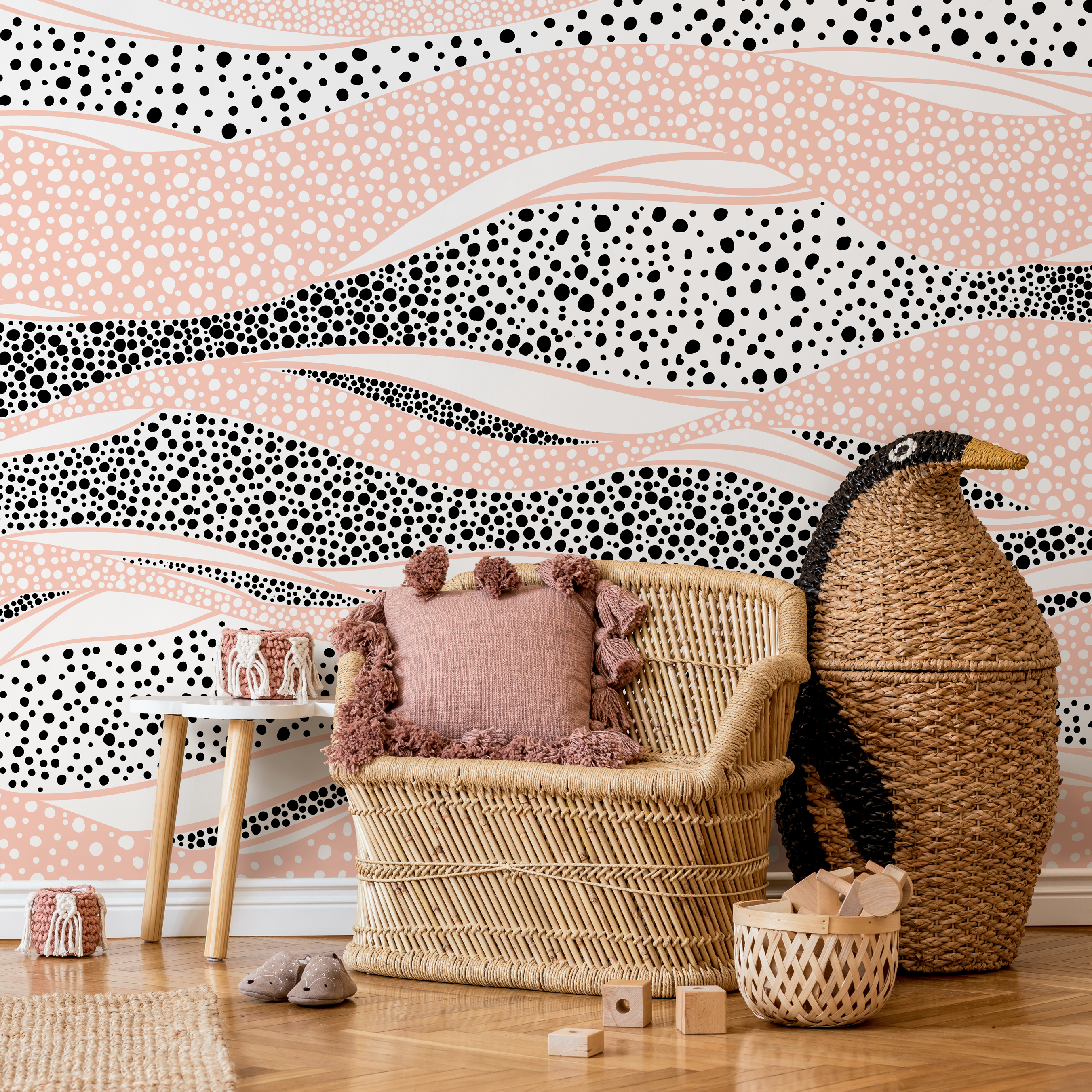 Abstract Wallpaper With Wavy Bands Of Dots In Pink, Black, And White - B995