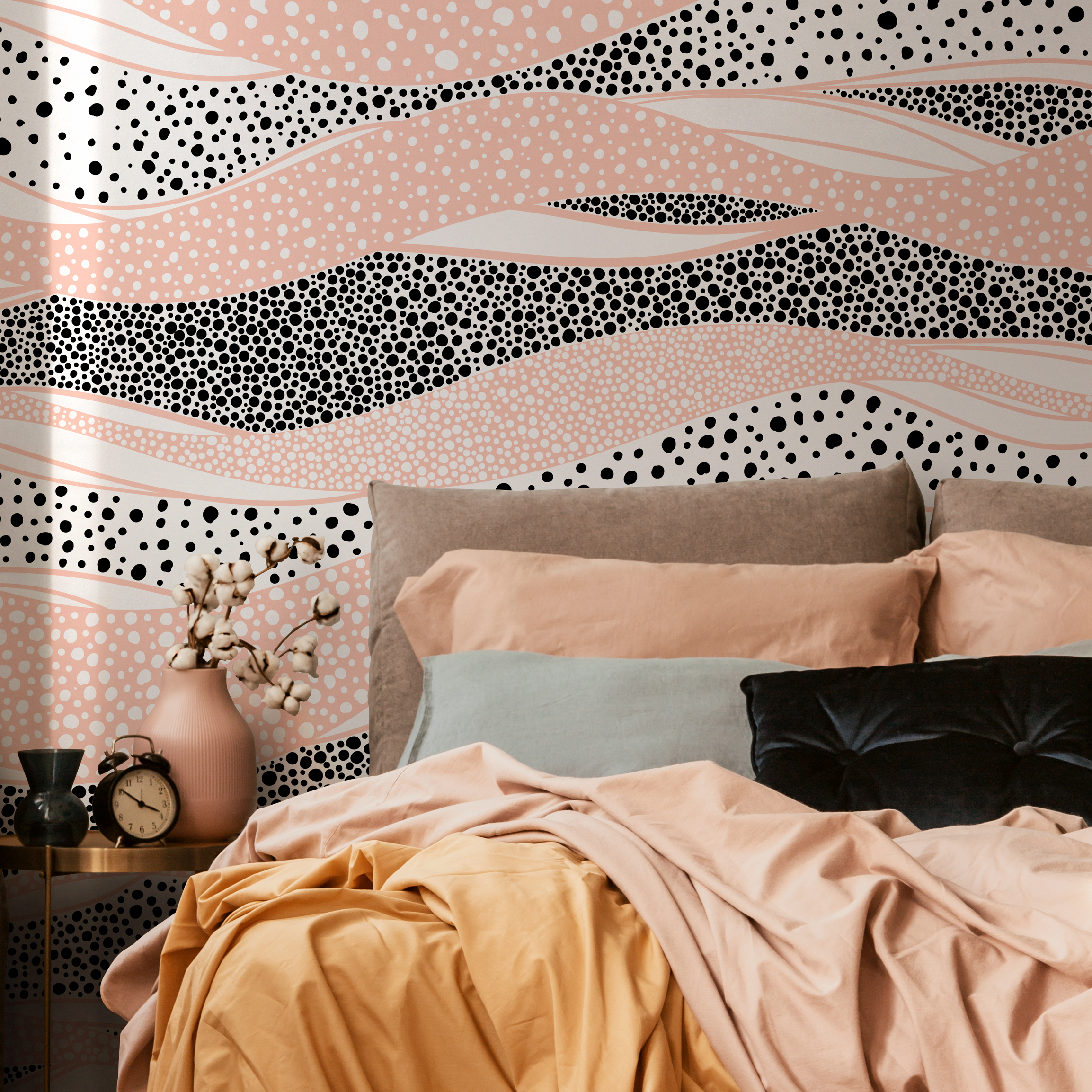 Abstract Wallpaper With Wavy Bands Of Dots In Pink, Black, And White - B995
