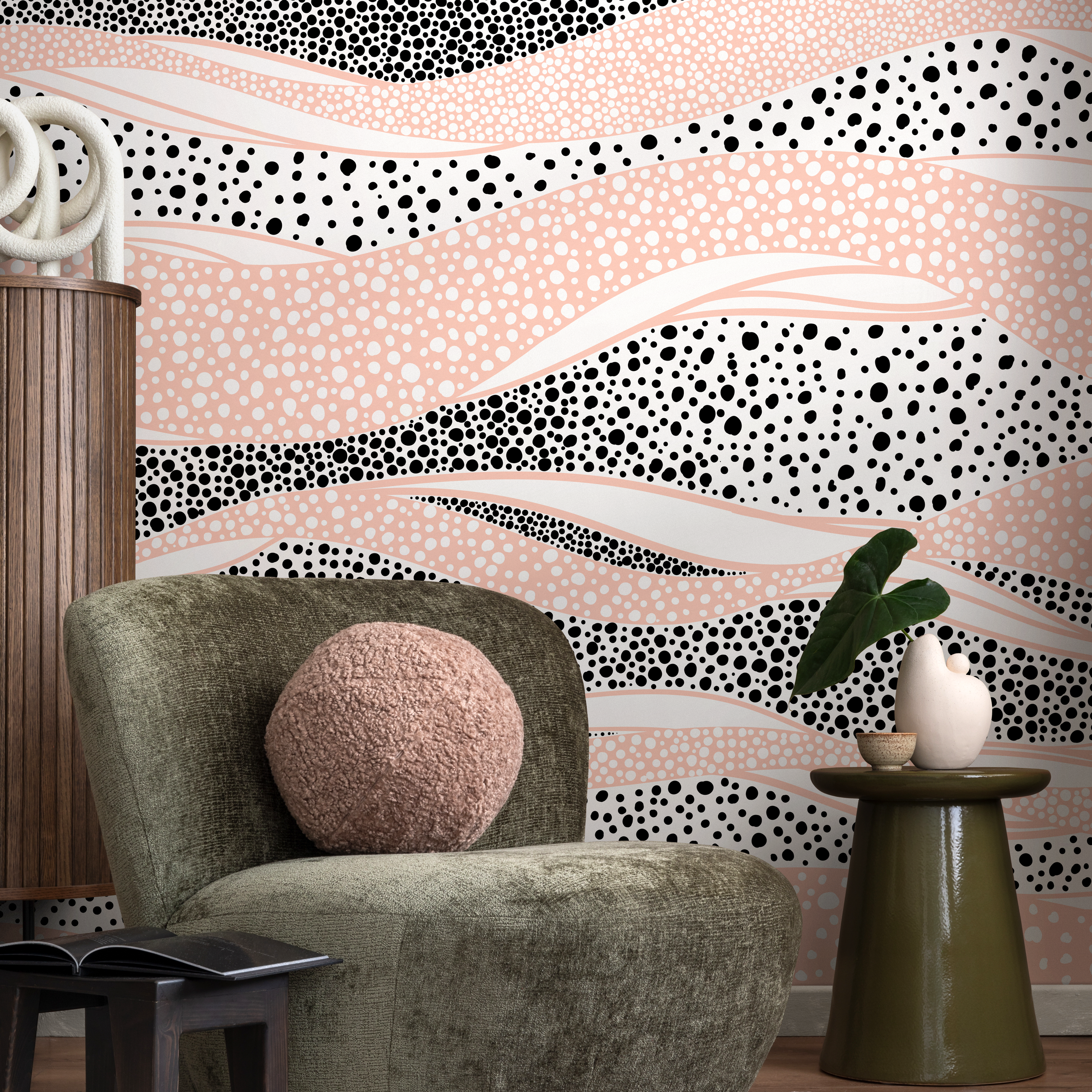 Abstract Wallpaper With Wavy Bands Of Dots In Pink, Black, And White - B995