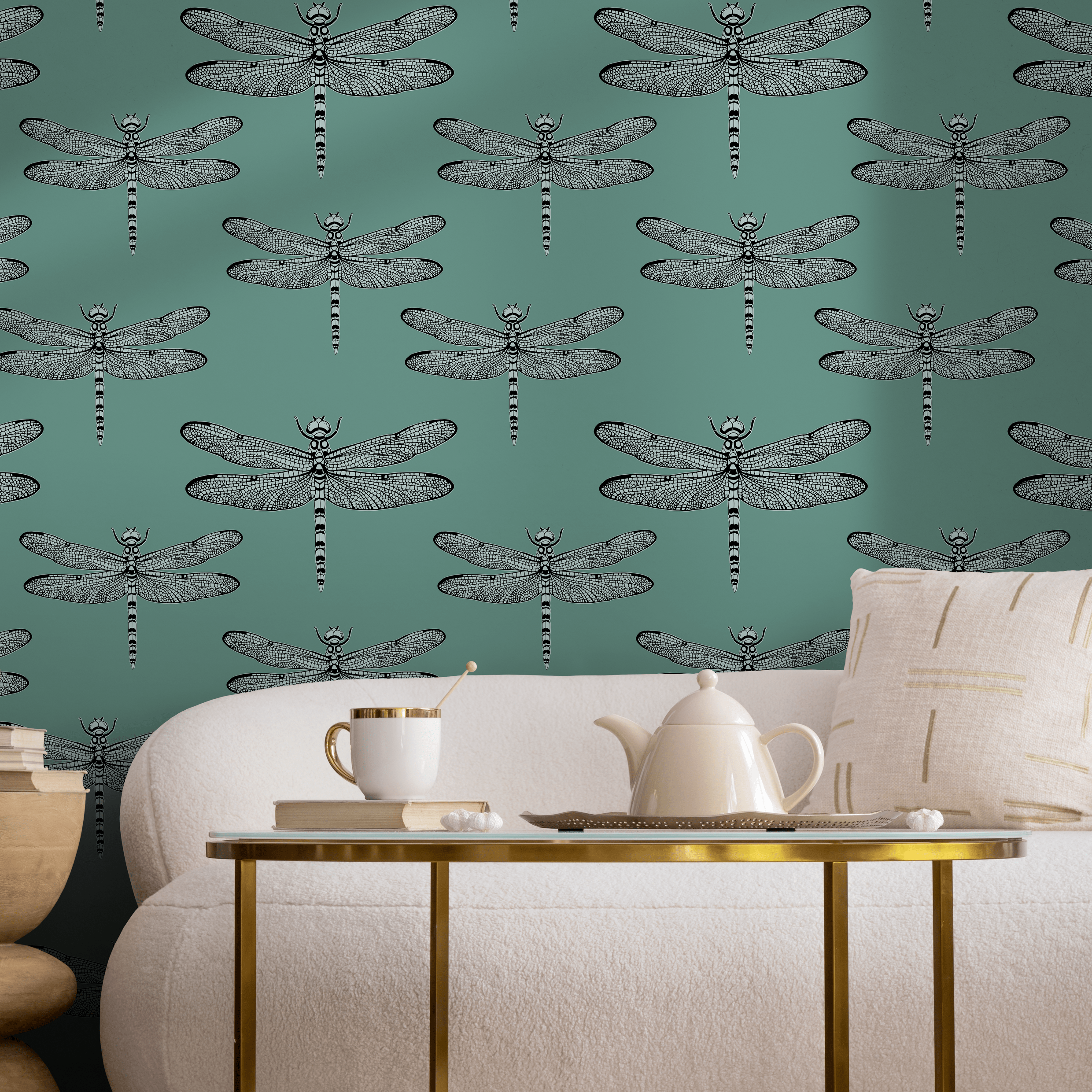 Insect Wallpaper With A Detailed Dragonfly Motif In Teal, Black, And Gray - B996