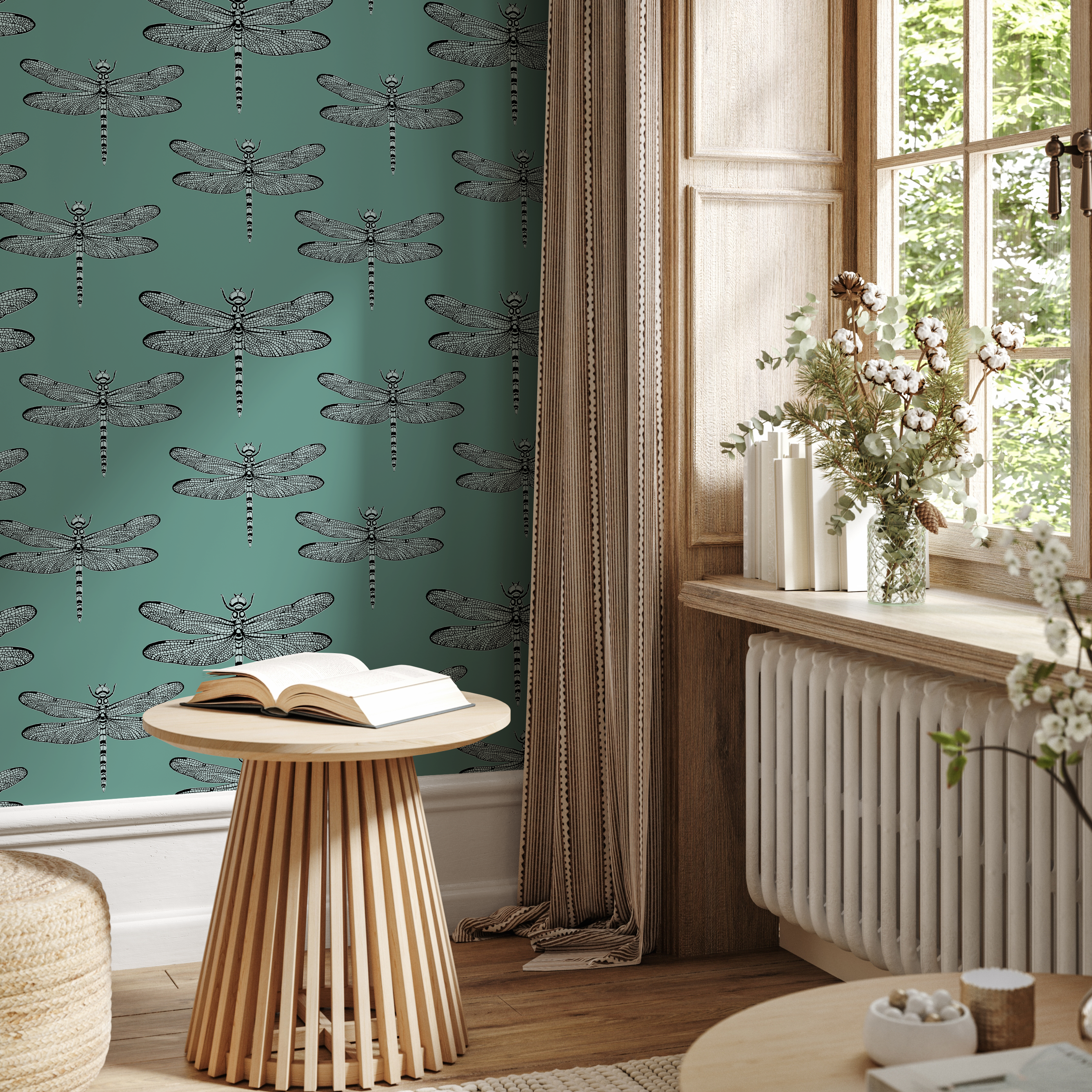 Insect Wallpaper With A Detailed Dragonfly Motif In Teal, Black, And Gray - B996