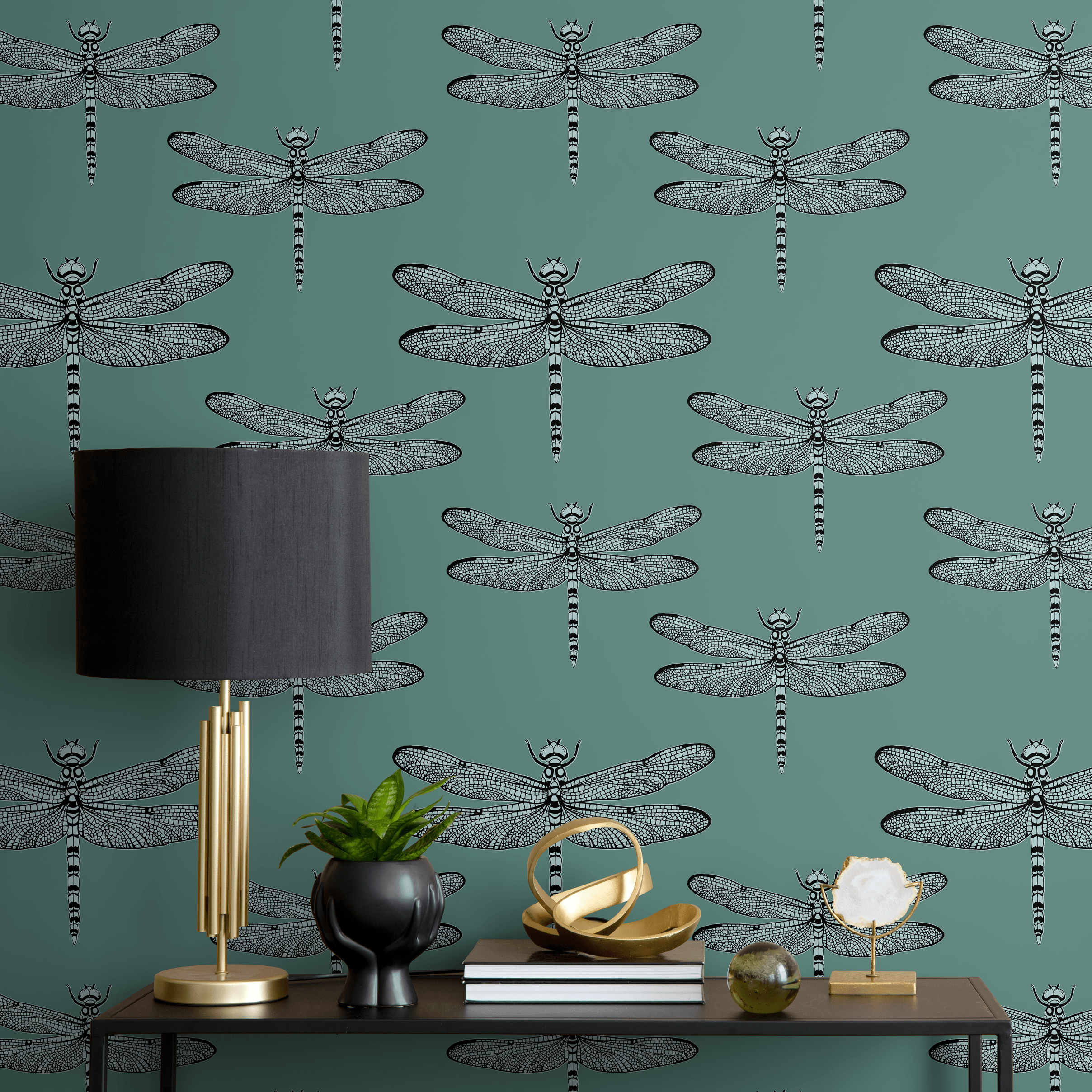 Insect Wallpaper With A Detailed Dragonfly Motif In Teal, Black, And Gray - B996