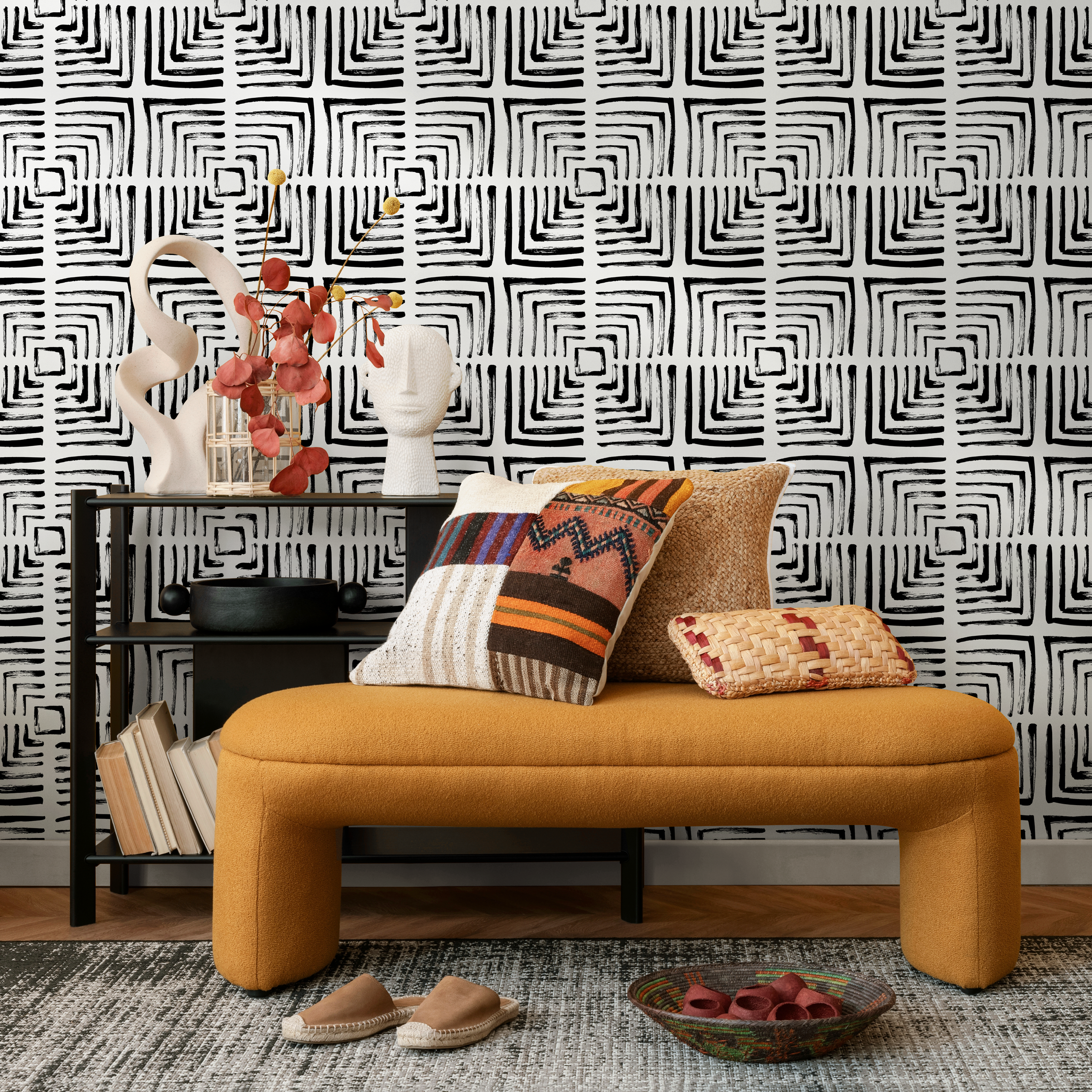 Geometric Wallpaper With A Brushstroke Maze Motif In Black And White - B997