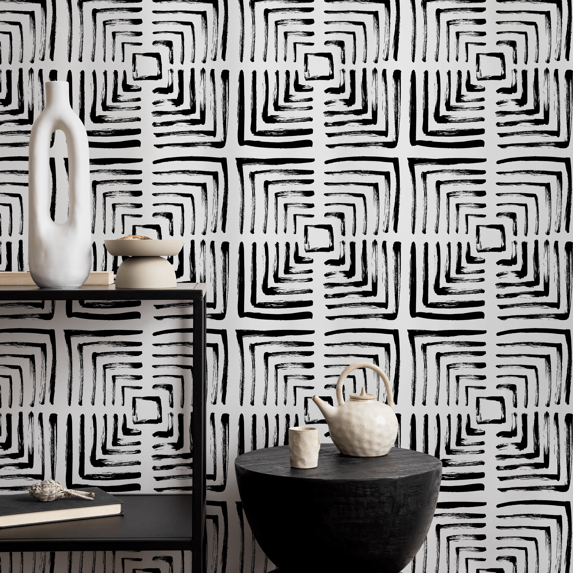 Geometric Wallpaper With A Brushstroke Maze Motif In Black And White - B997
