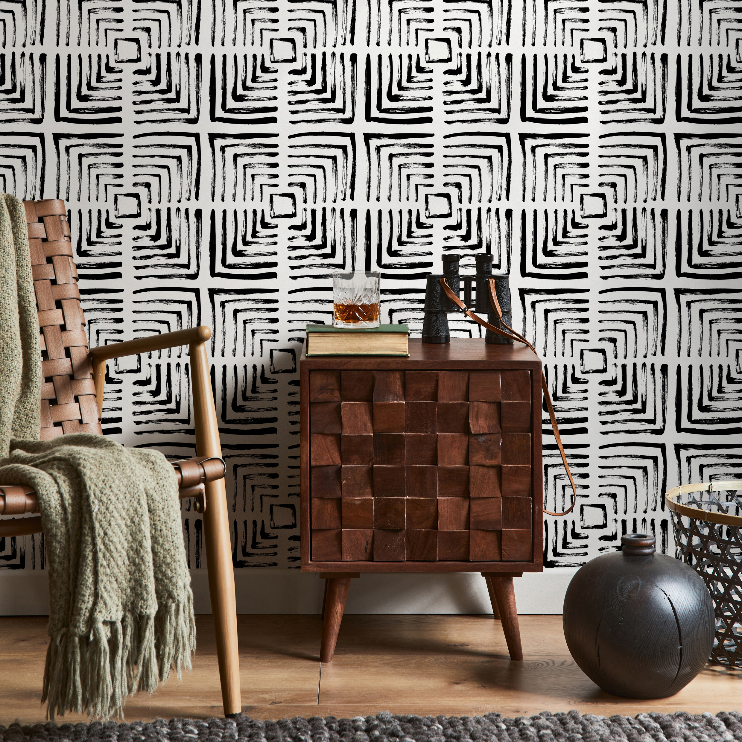 Geometric Wallpaper With A Brushstroke Maze Motif In Black And White - B997