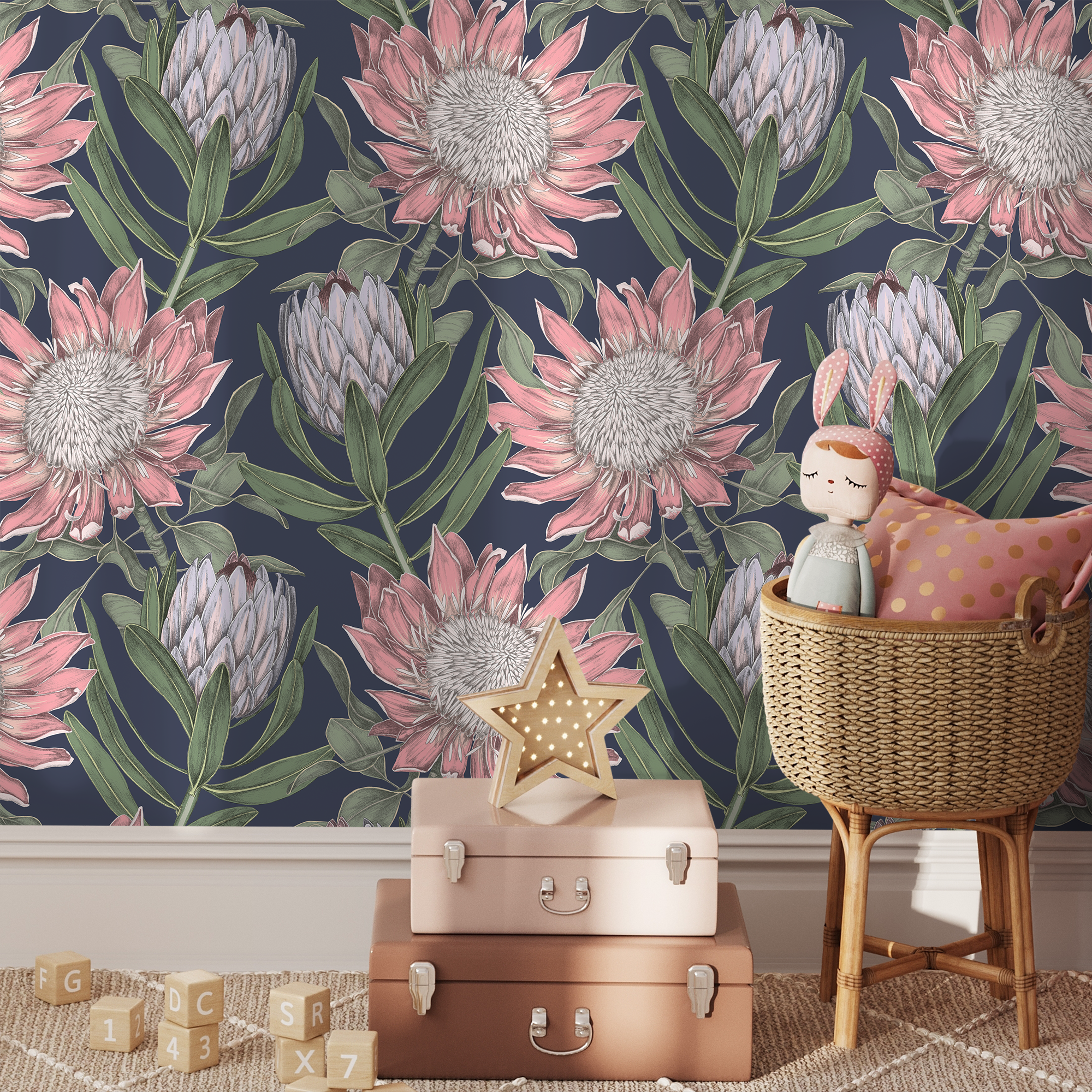 Botanical Wallpaper Featuring Protea Blooms In Pink, Green, And Navy Blue - B998