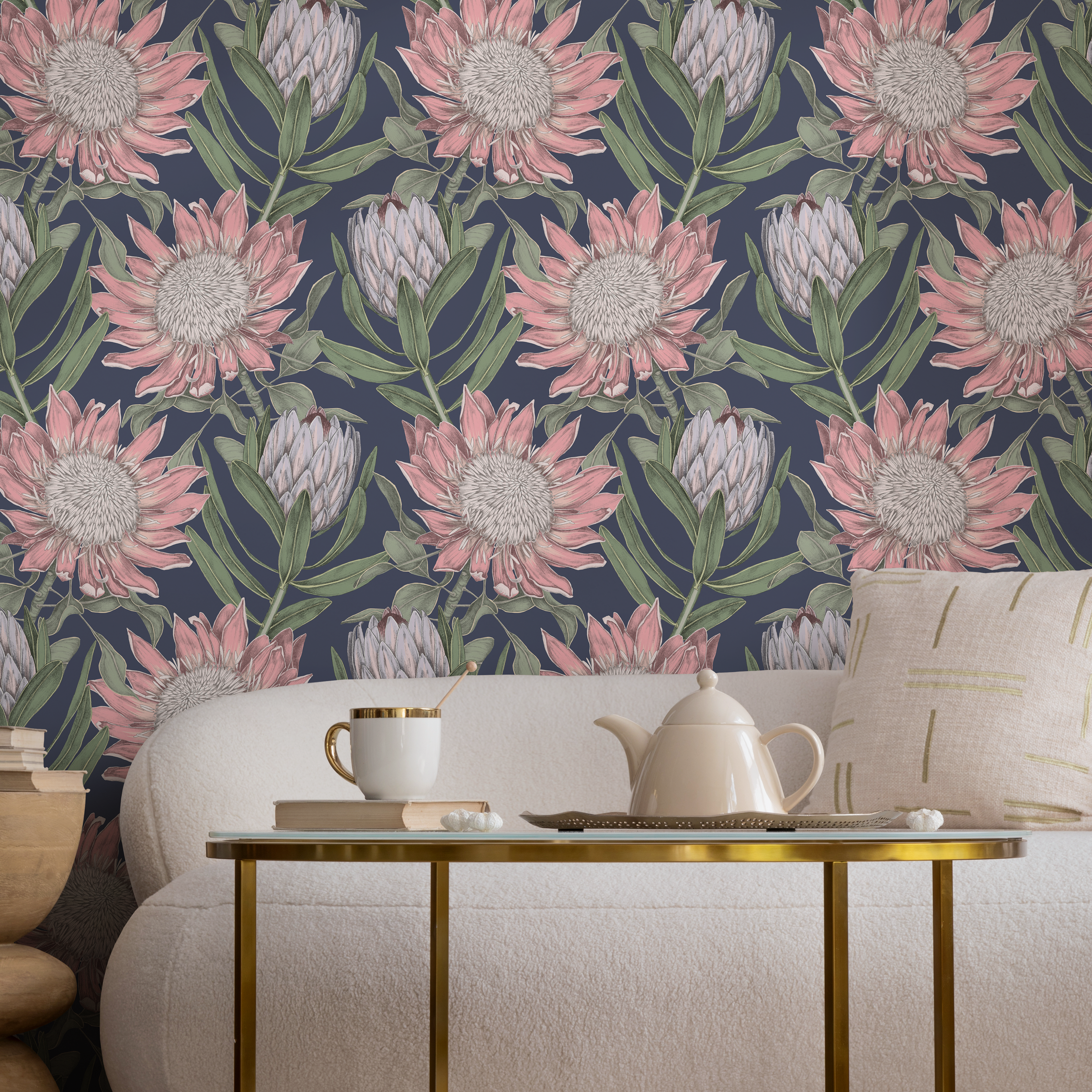 Botanical Wallpaper Featuring Protea Blooms In Pink, Green, And Navy Blue - B998