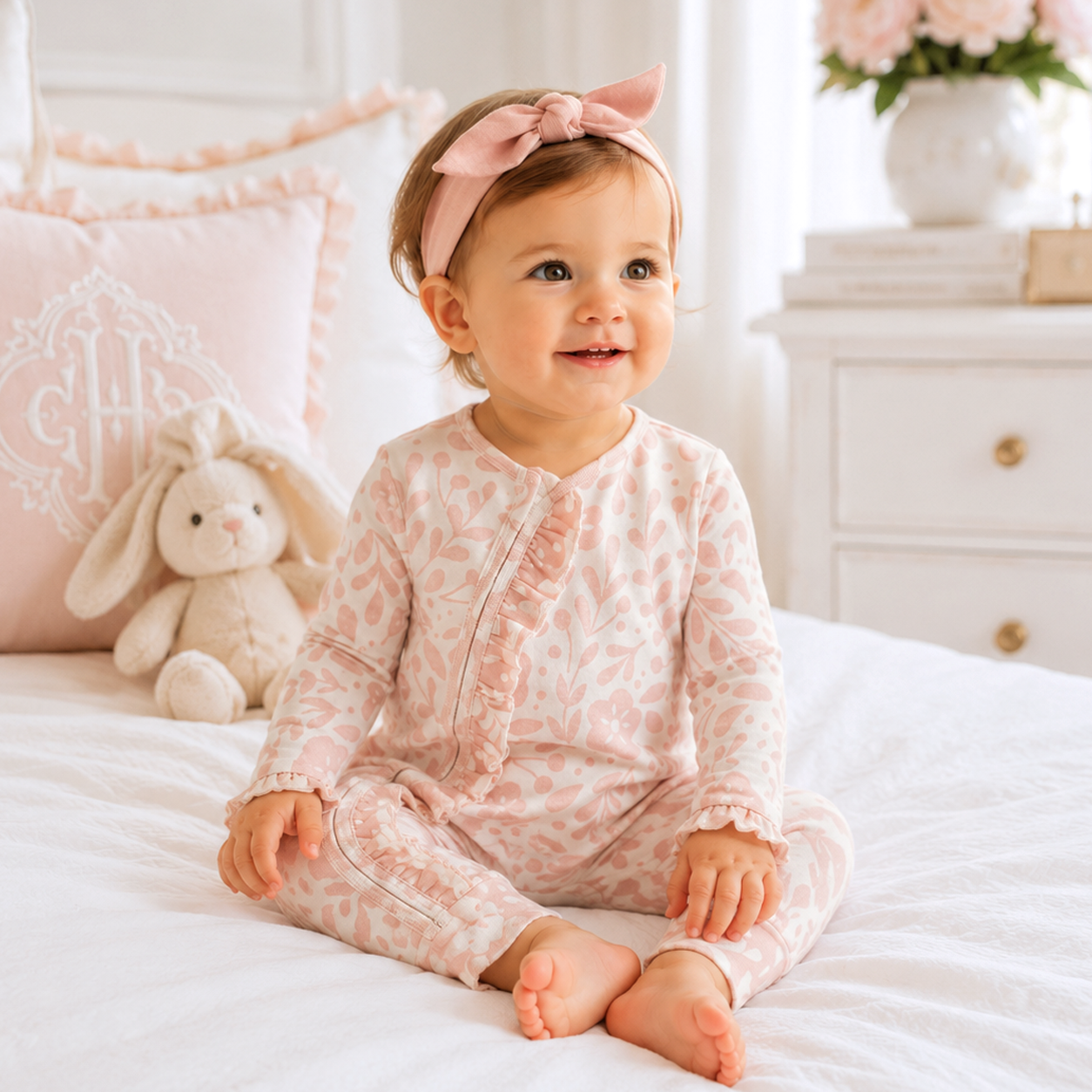 Pink Floral Cotton Zipper Romper