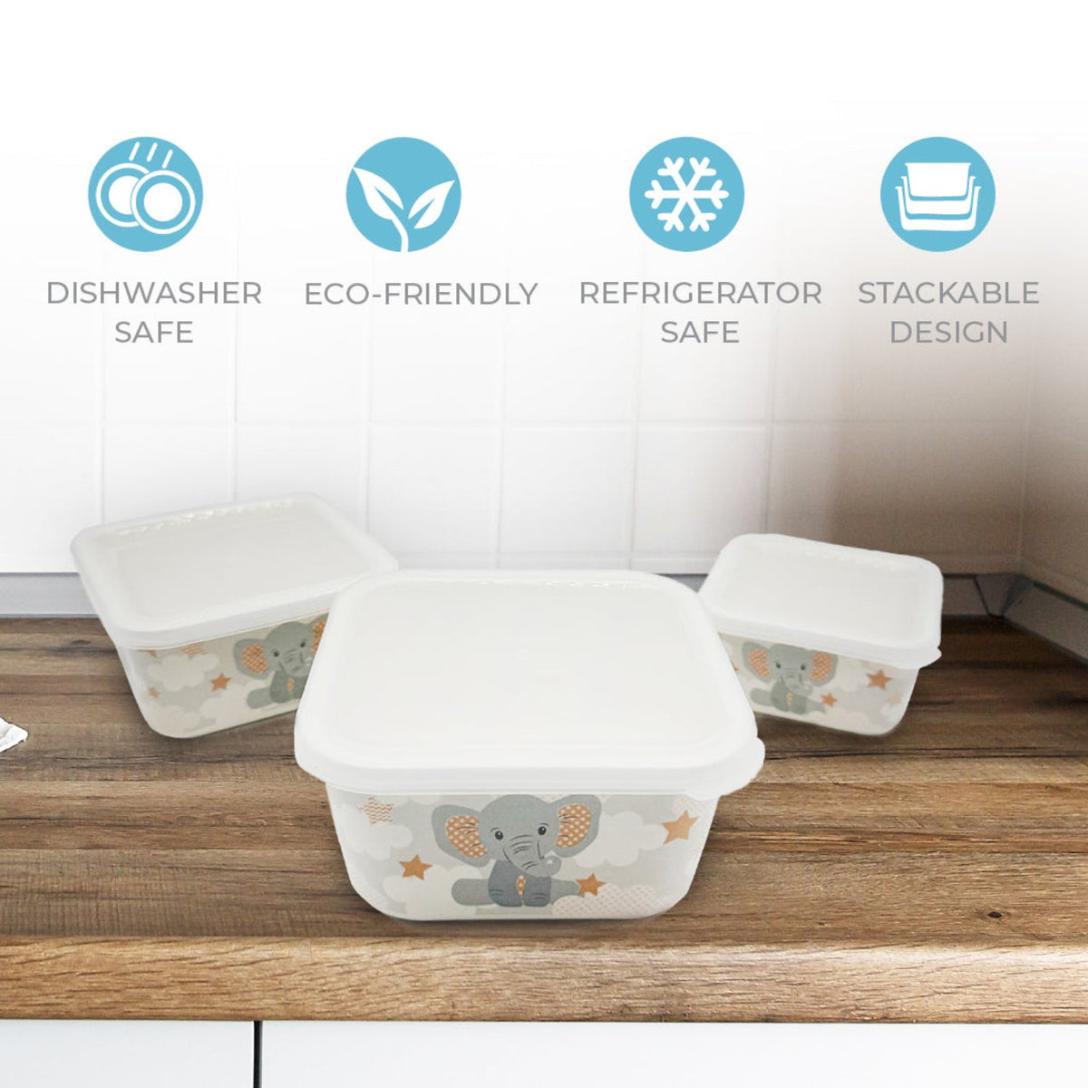 Lunch Boxes, Set Of 3, Little Elephant, Bamboo Fiber Kids Food Storage Containers