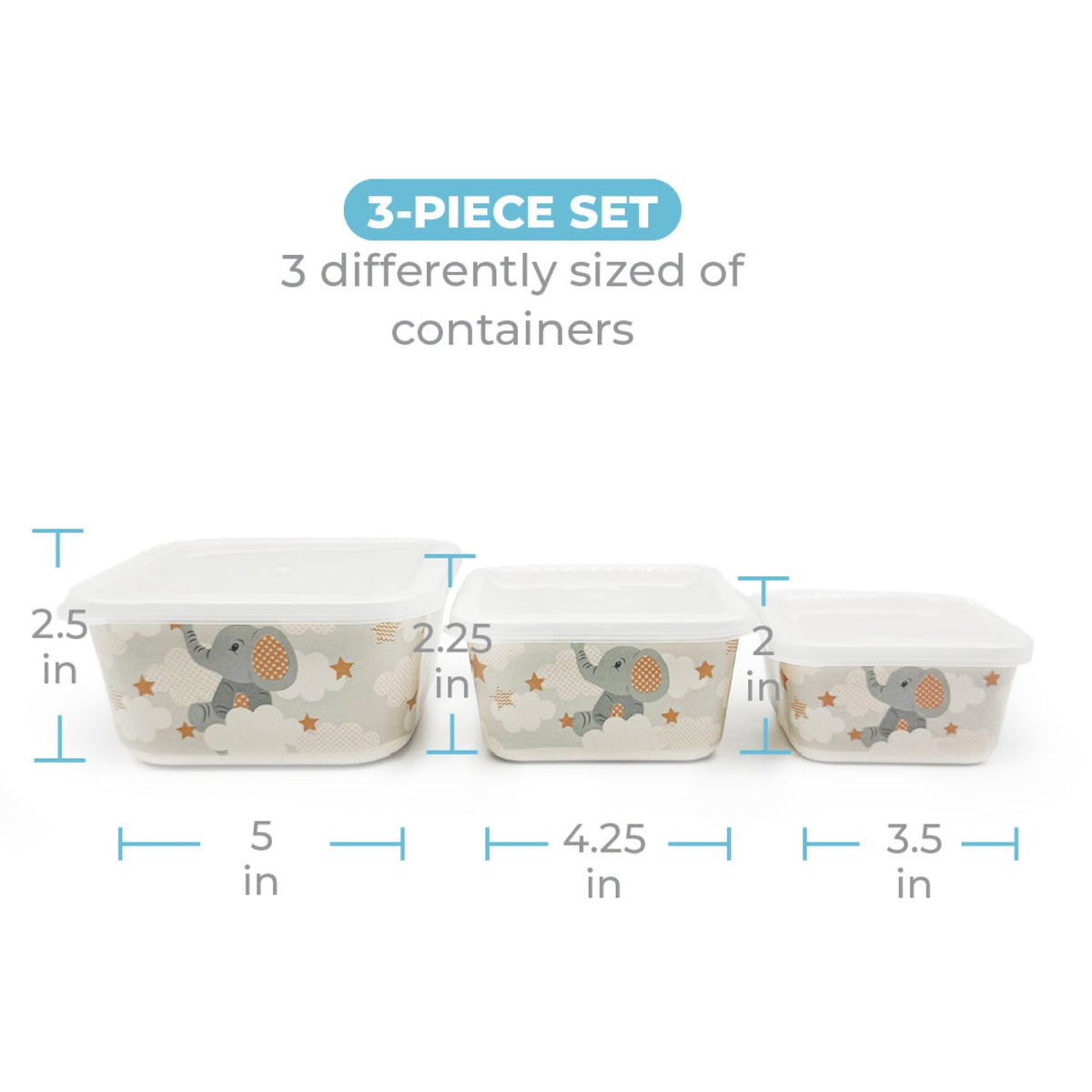Lunch Boxes, Set Of 3, Little Elephant, Bamboo Fiber Kids Food Storage Containers