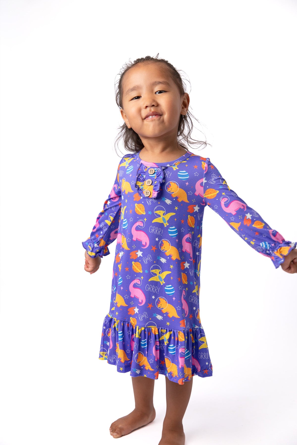 Purple Space Dinosaur Bamboo Night Dress For Girls