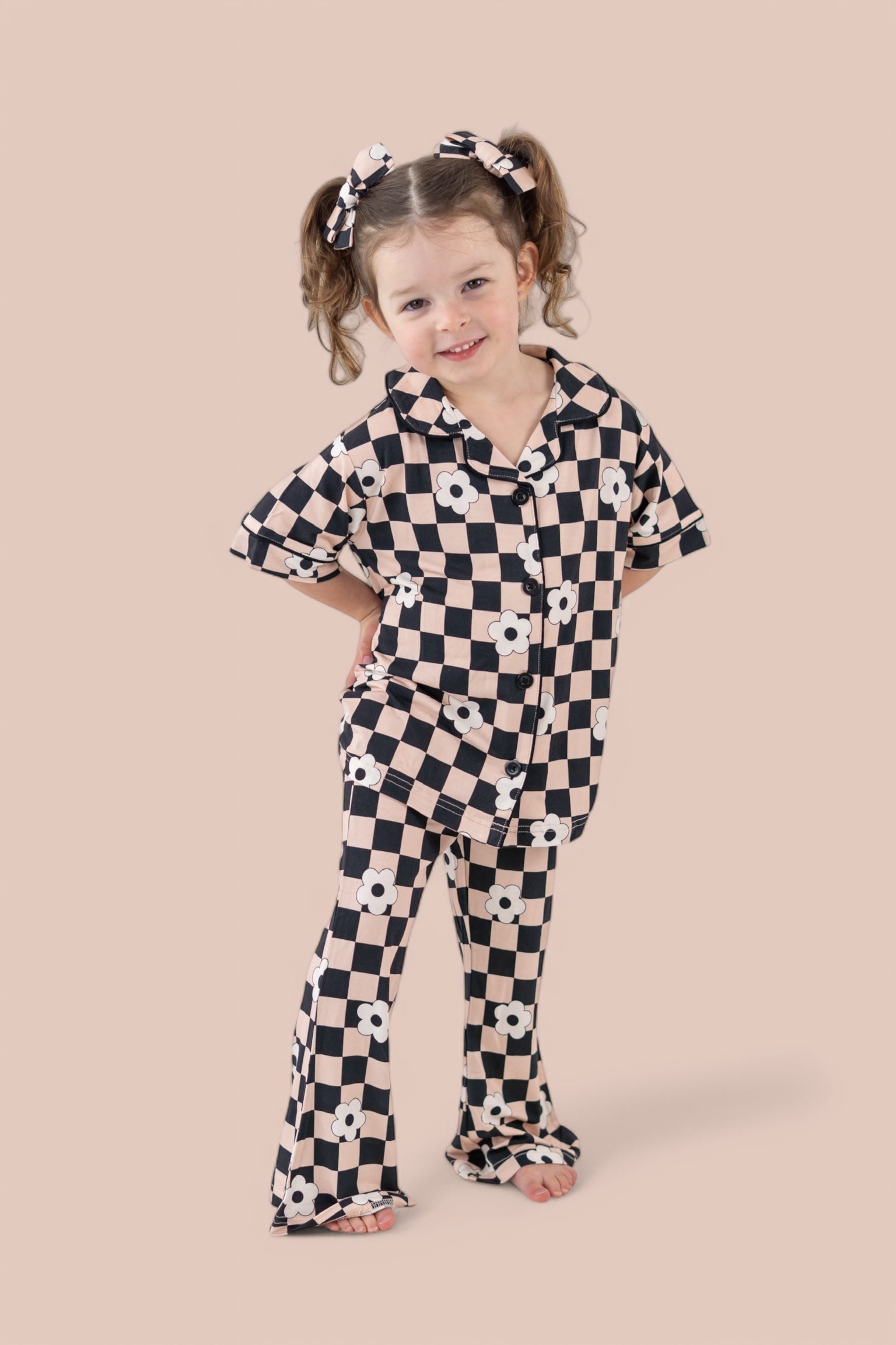 Retro Daisy Checks Short Sleeve Dream Girl's Flare Set