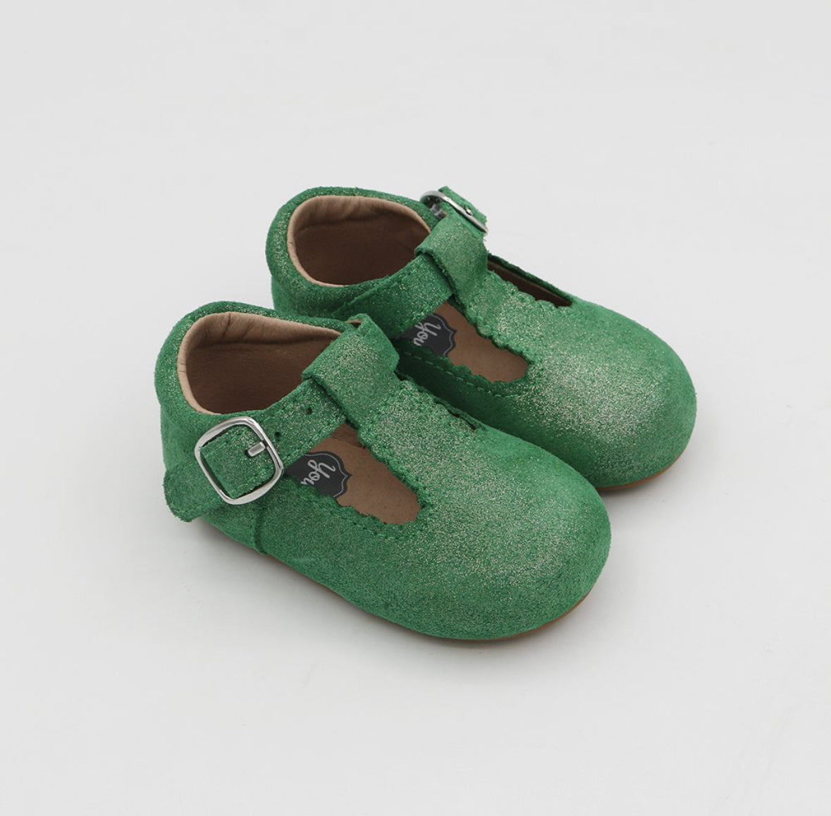 T-straps Green Shimmer Suede Leather