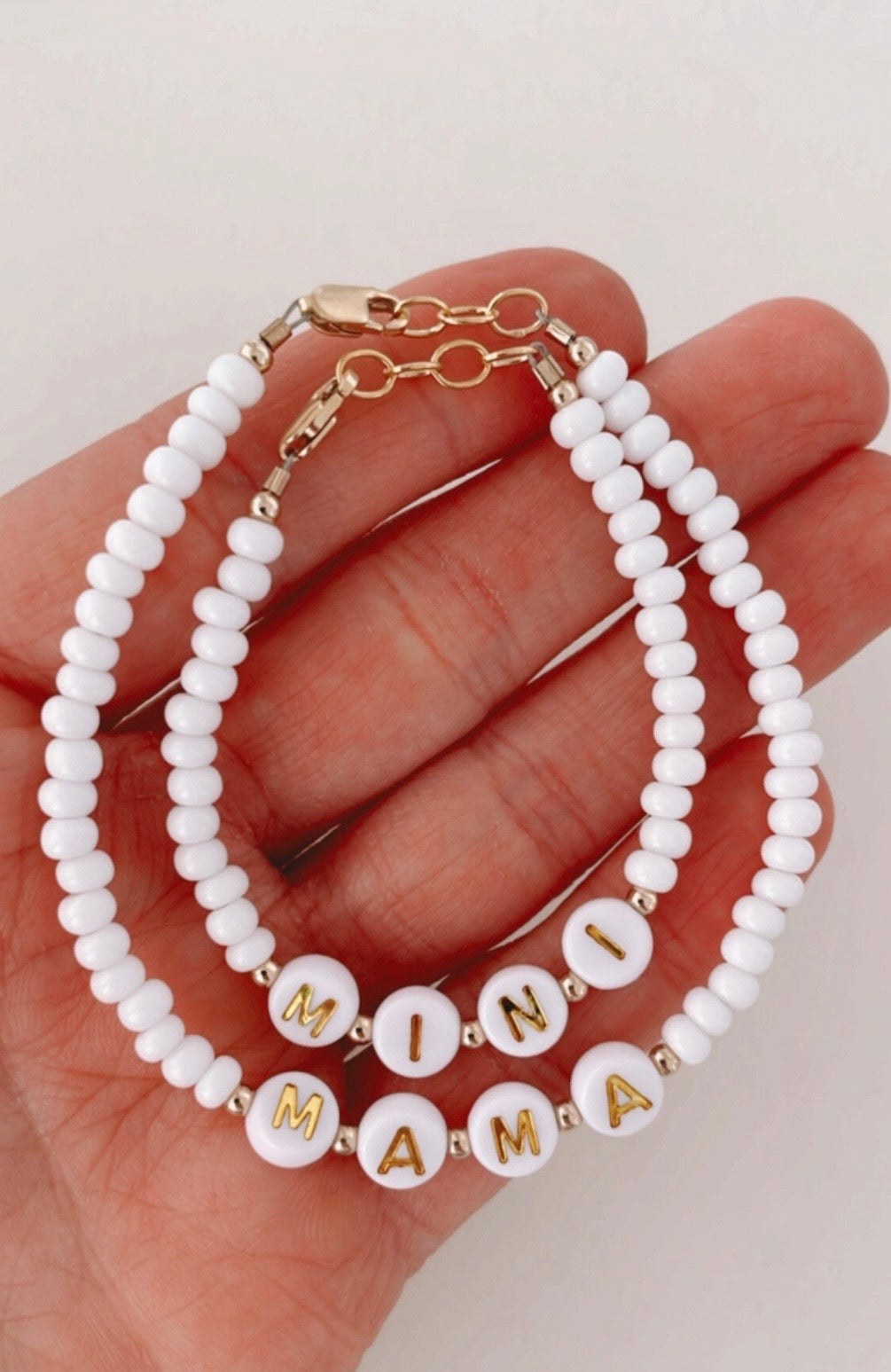 Mama And Mini White Name Bracelet Set – Custom, Gold-filled & Hypoallergenic