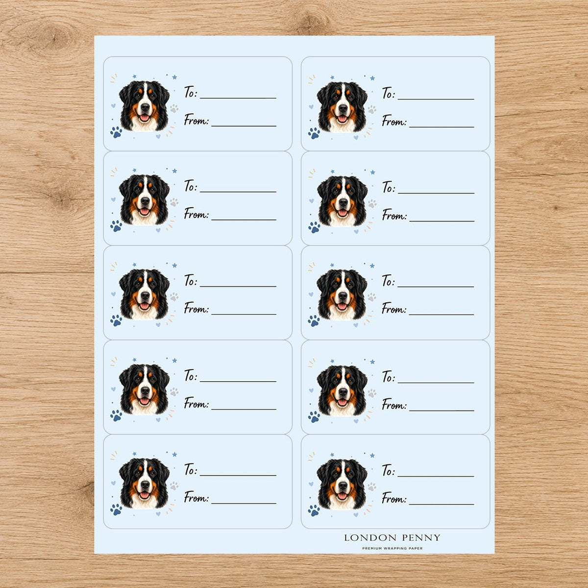 Bernese Mountain Dog Pawprint Wishes Gift Tag Sticker Sheet