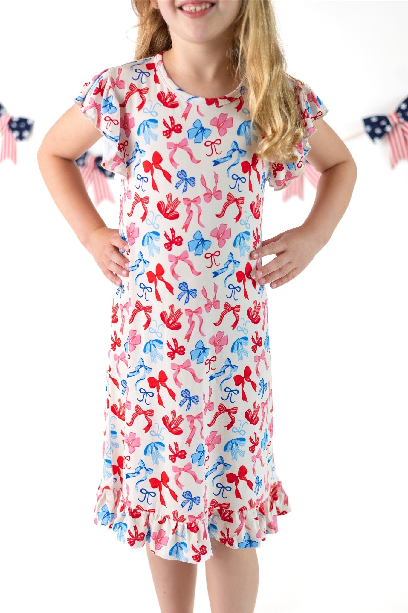 Red, White, & Blue Nightgown | Patriotic Bows Girls Bamboo Nightgown