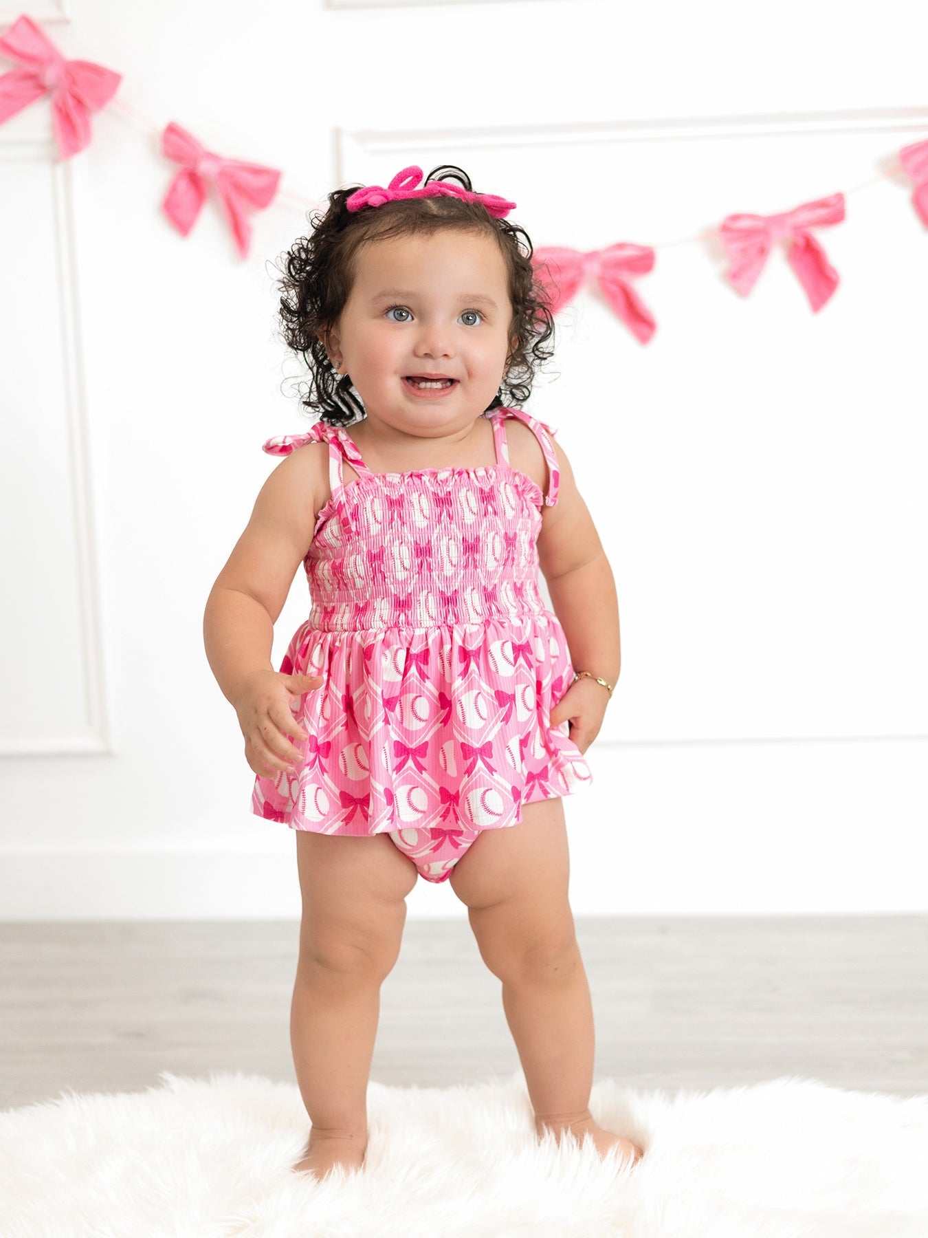 Baby Girl Pink Baseball Bow Print Romper Summer Outfit