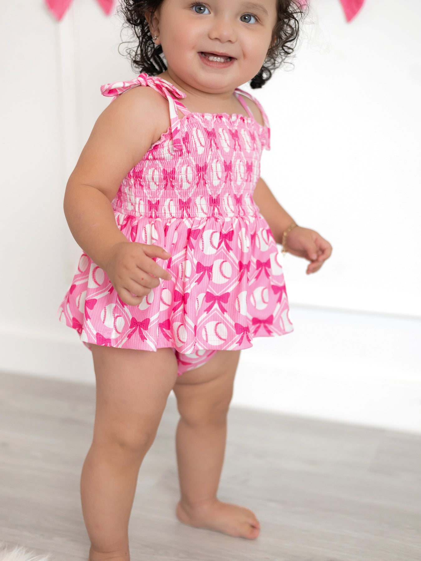Baby Girl Pink Baseball Bow Print Romper Summer Outfit