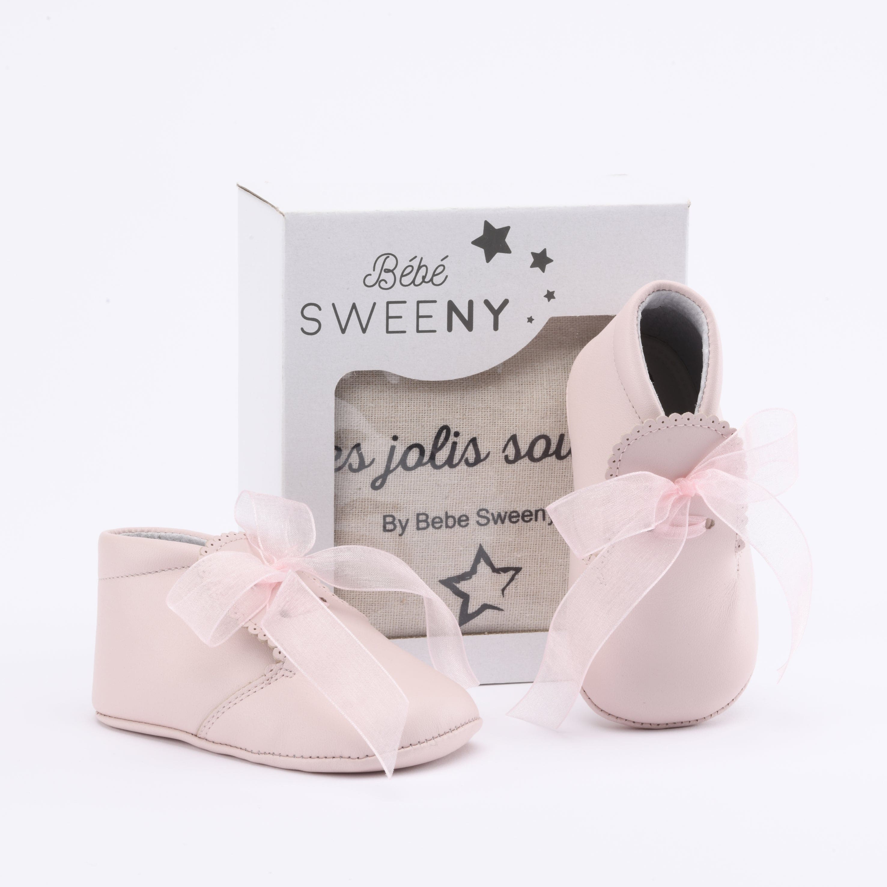 Baby Girls Pink Leather Pre-walker Shoes With Organza Ribbon