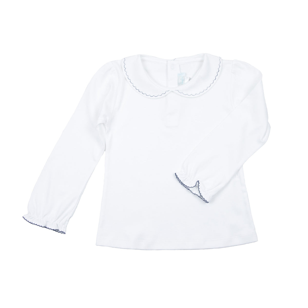 Girls White Pima Top With Navy Embroidered Collar