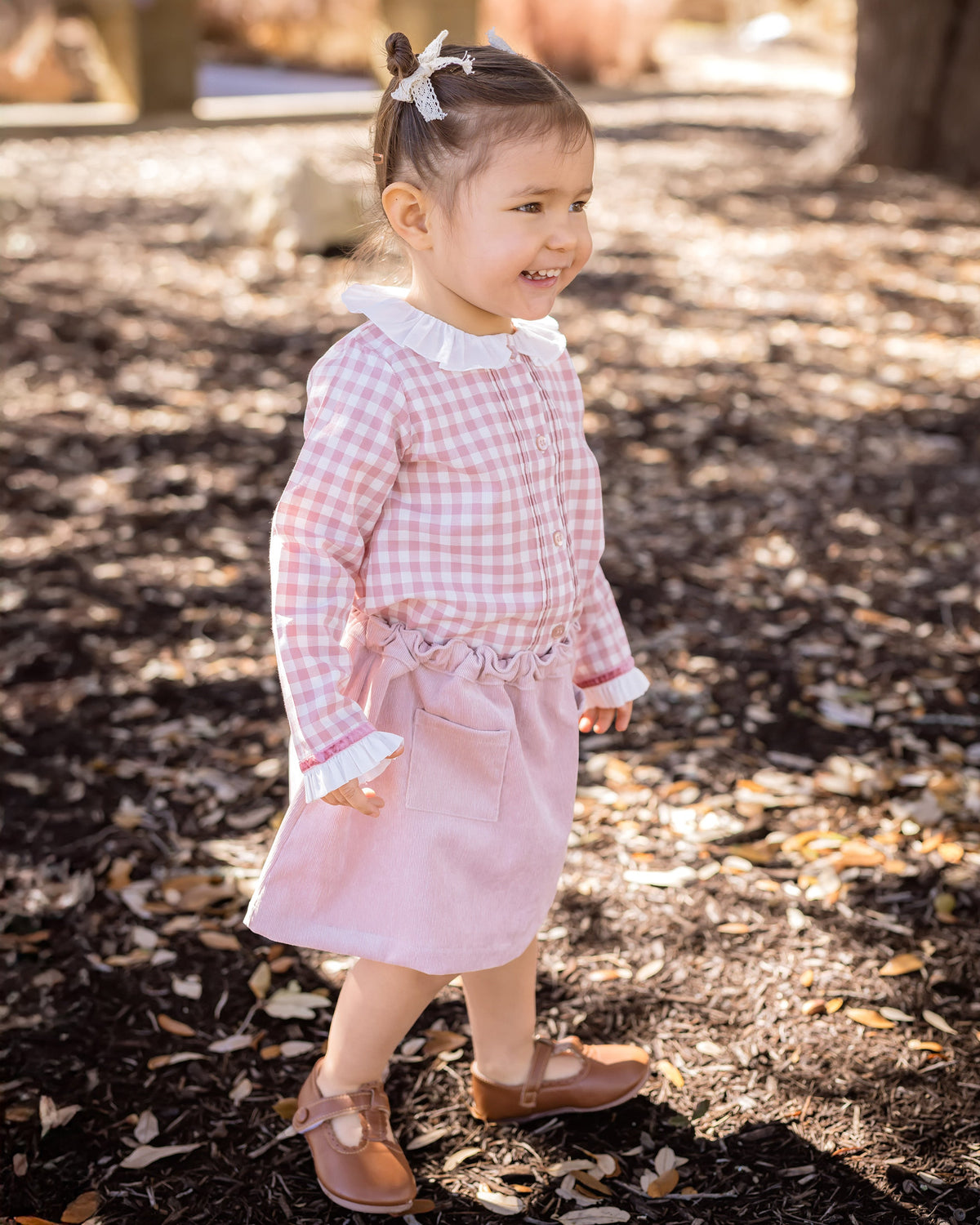 Girls Pink Gingham Blouse With Ruffle Collar